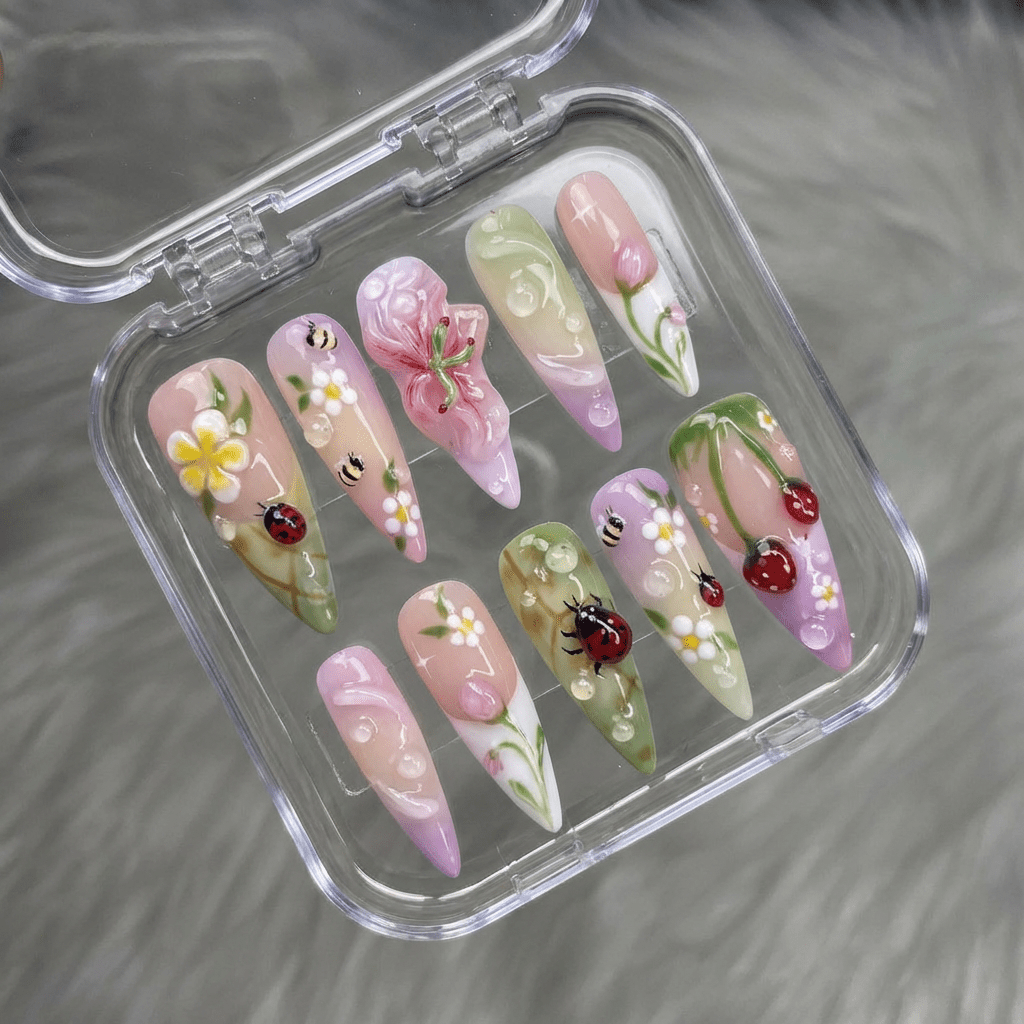 Garden Whisper almond press-on nails – design close-up by Handora
