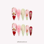 Gardenia Royale almond floral press-on nails by Handora