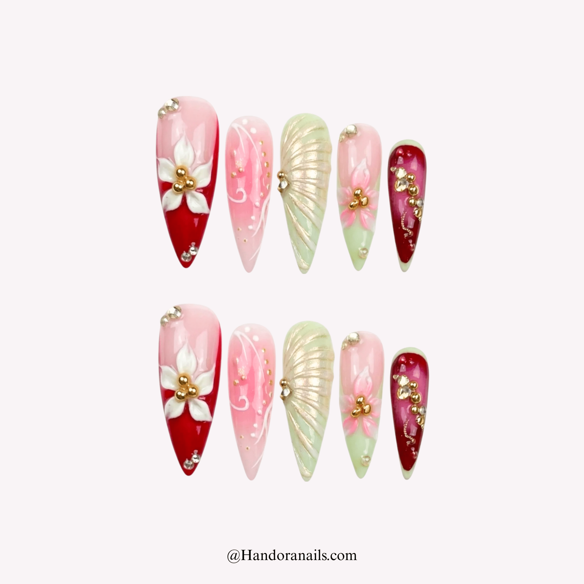 Gardenia Royale almond floral press-on nails by Handora