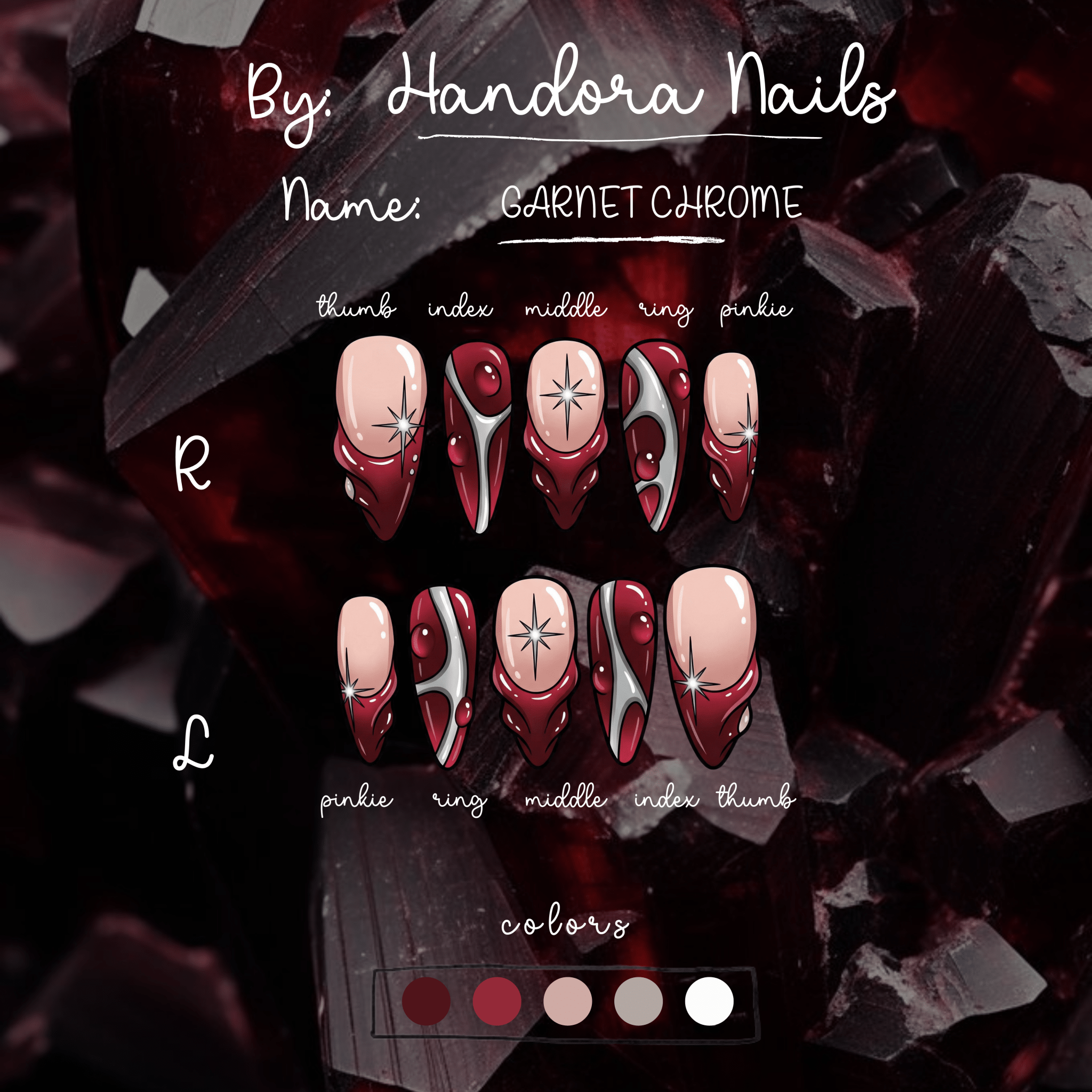 Garnet Chrome almond press-on nails – design close-up by Handora