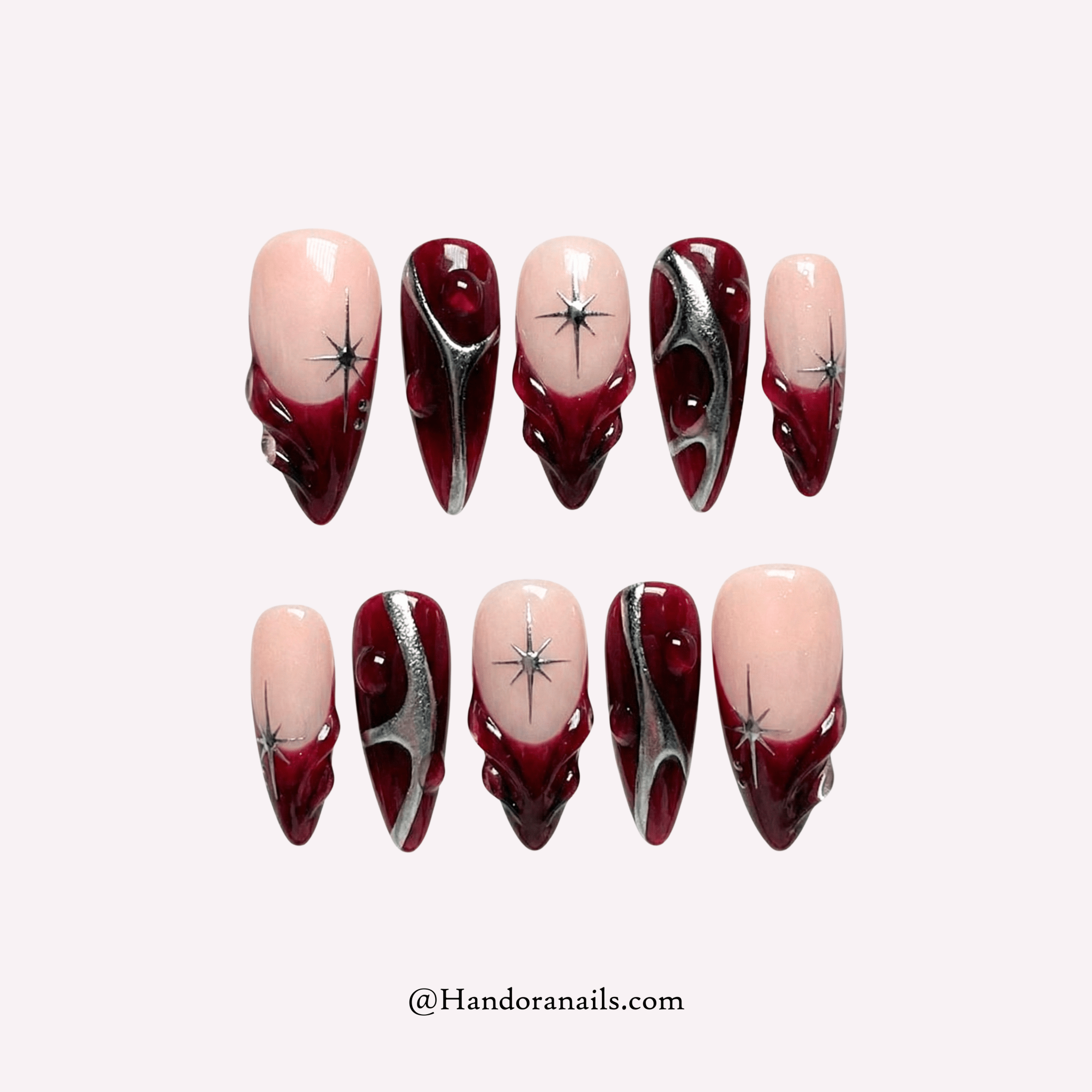 Garnet Chrome almond 3d press-on nails by Handora
