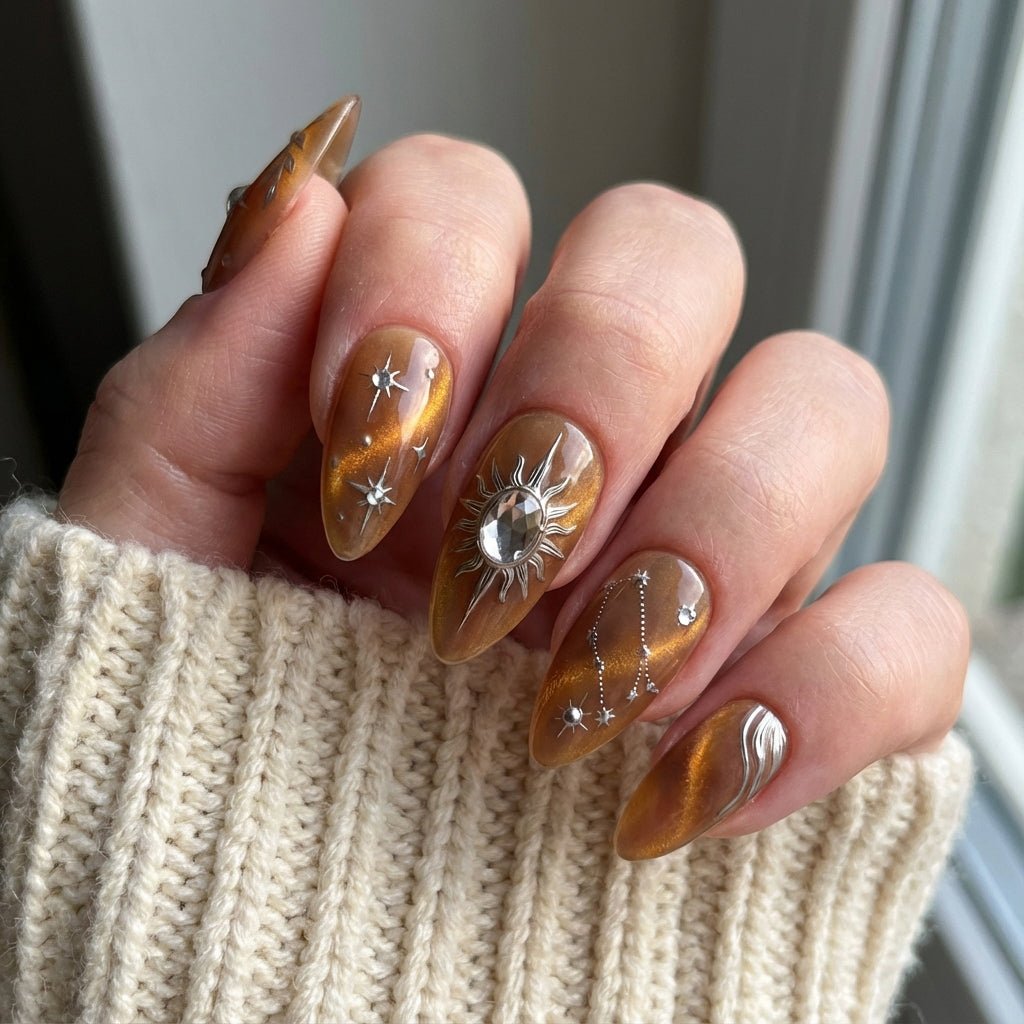 Gemini Vibe cat eye nail design – handmade press-on nails by Handora