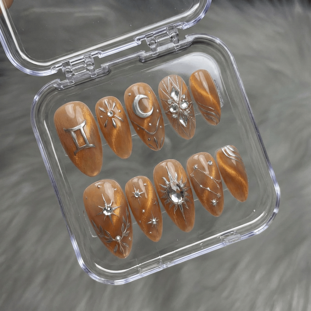 Gemini Vibe press-on nails worn on hand – almond shape by Handora