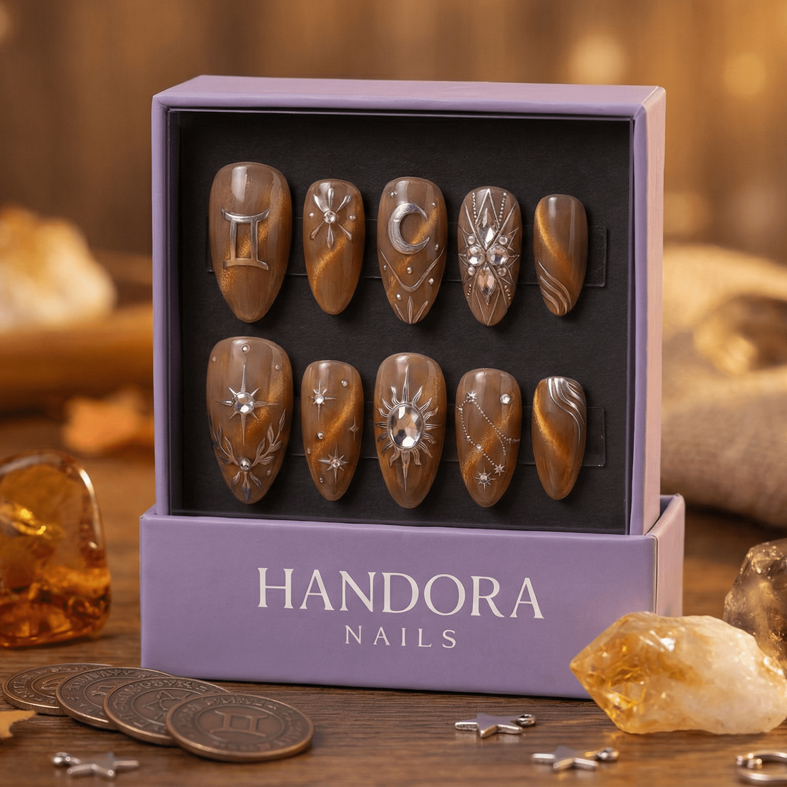 Gemini Vibe press-on nails – hand-painted reusable gel set by Handora