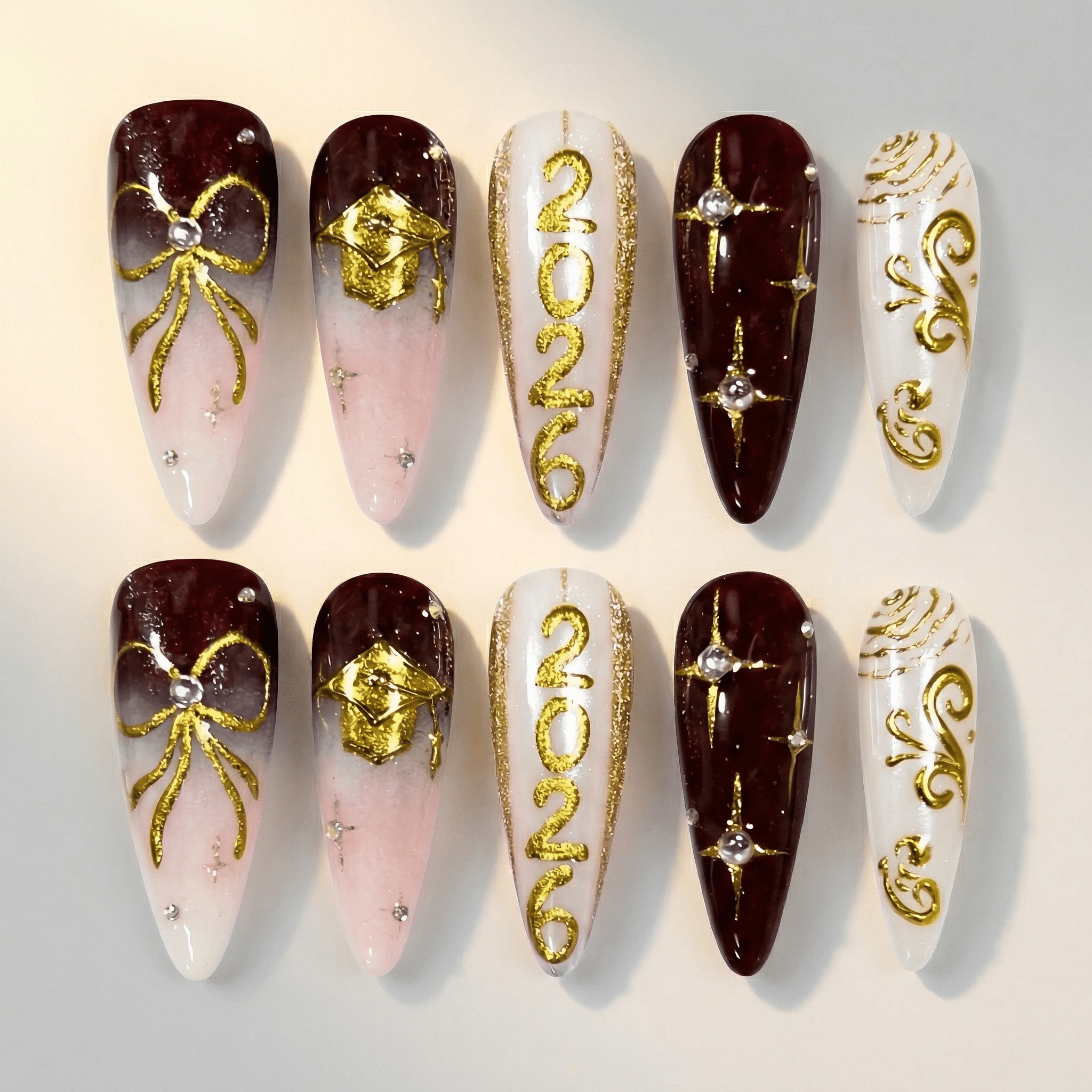 Gilded Graduate nail design – handmade press-on nails by Handora
