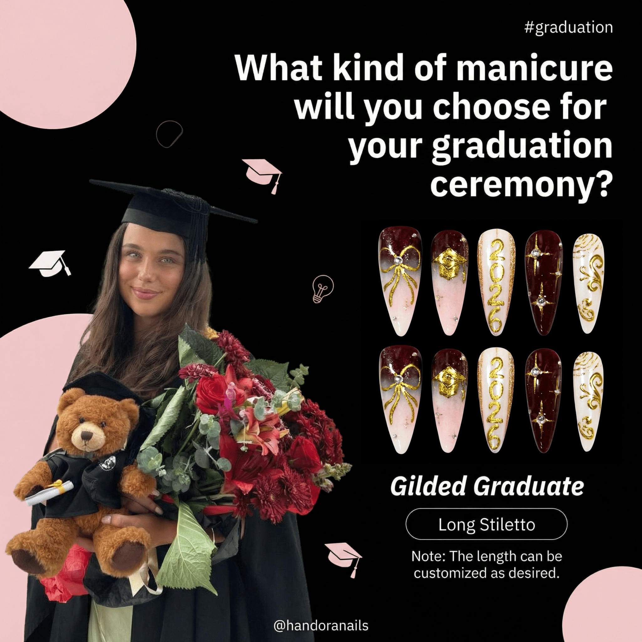 Gilded Graduate press-on nails – hand-painted reusable gel set by Handora