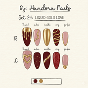 Gilded Velvet press-on nails worn on hand – almond shape by Handora