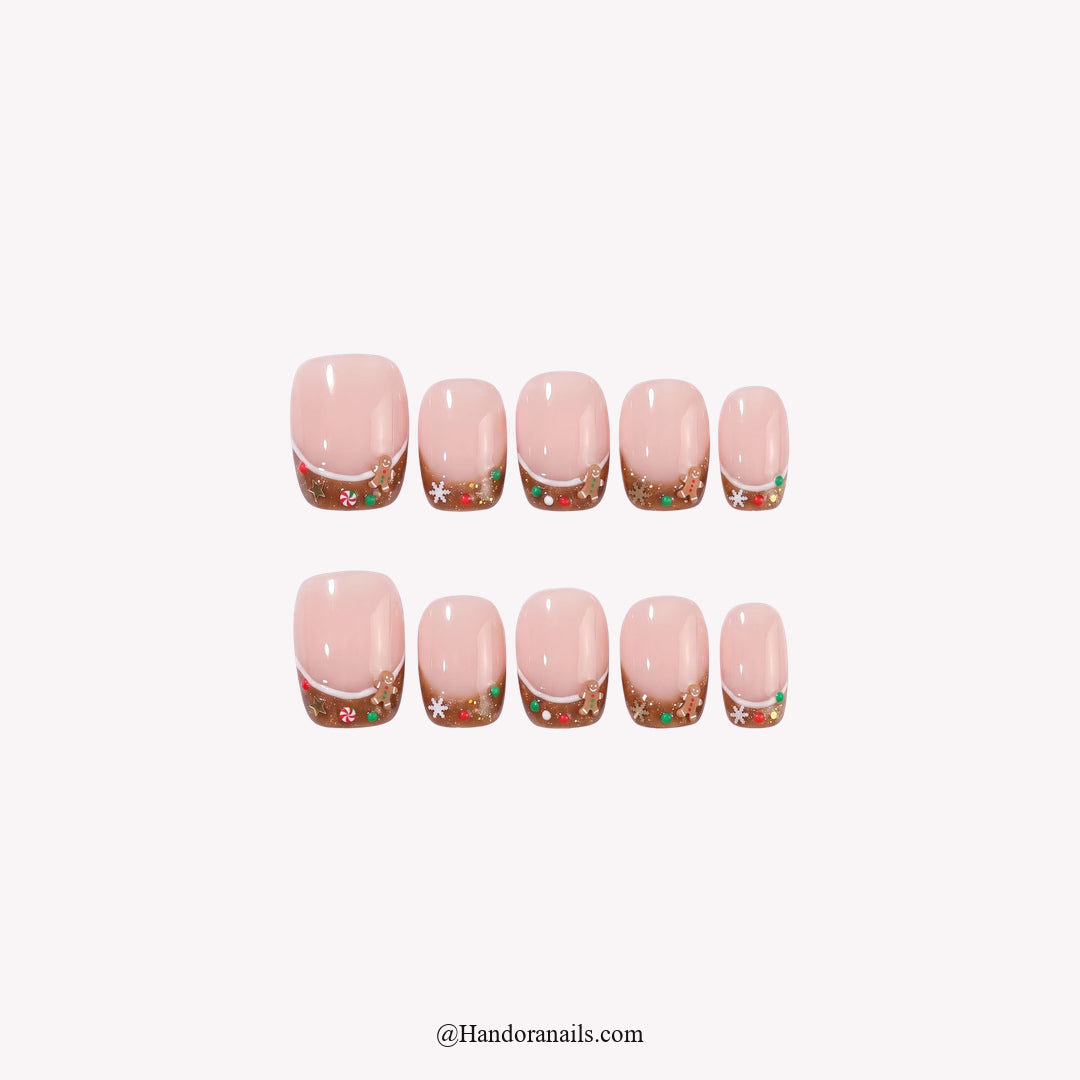 Ginger Snap Christmas press-on nails - white background by Handora Nails