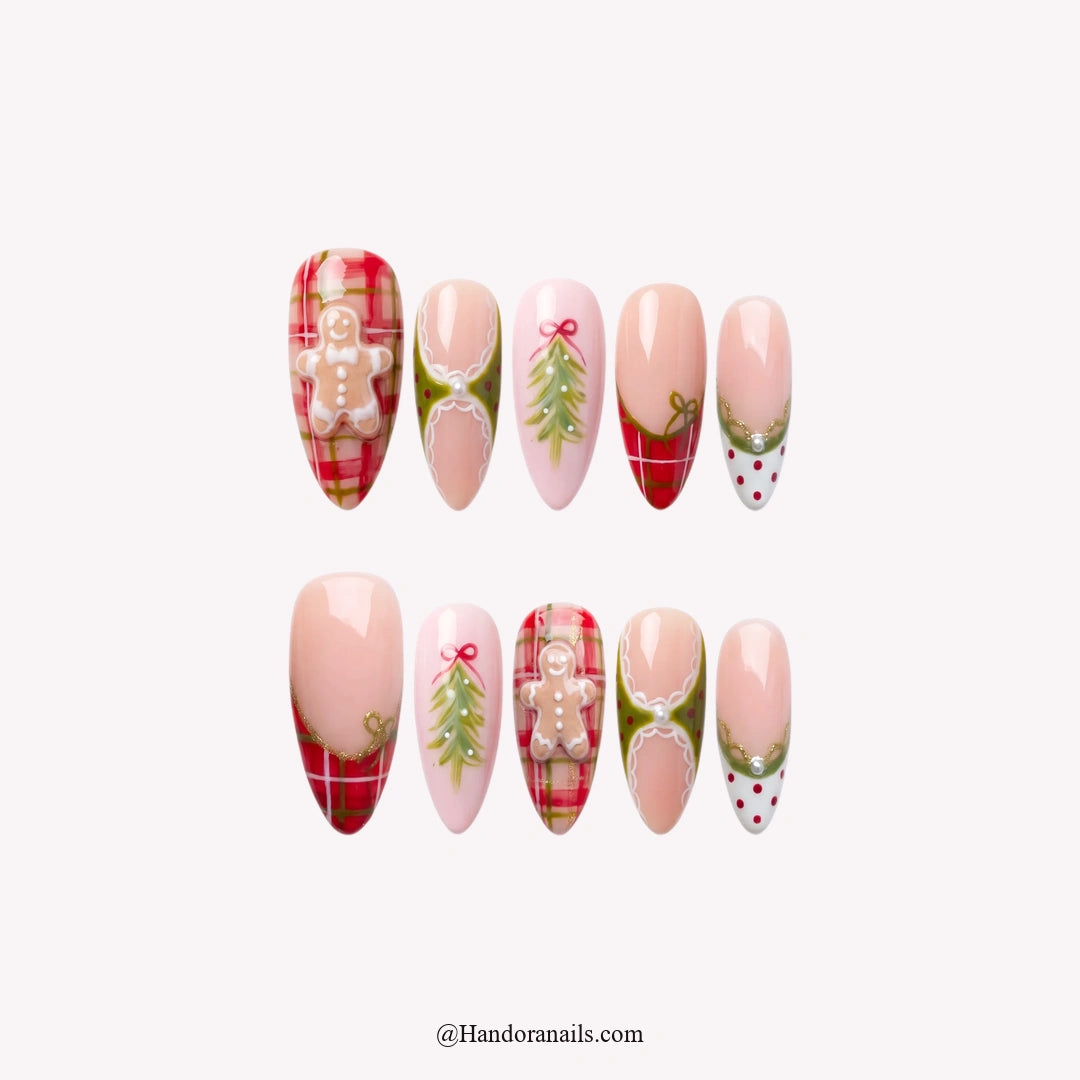 Gingerbread Tart Christmas press-on nails – full set on white background by Handora Nails