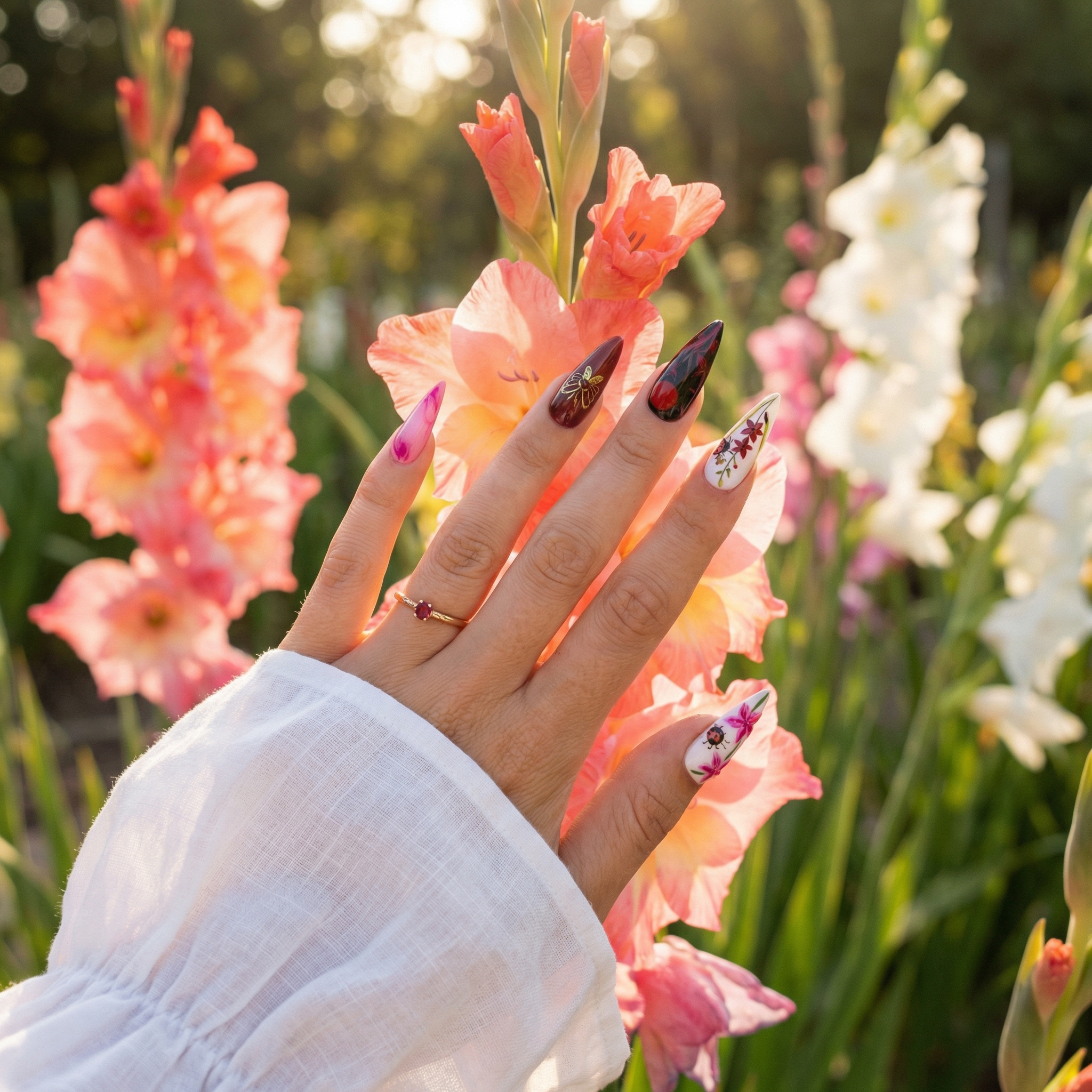 Gladiolus Art press-on nails – hand-painted reusable gel set by Handora