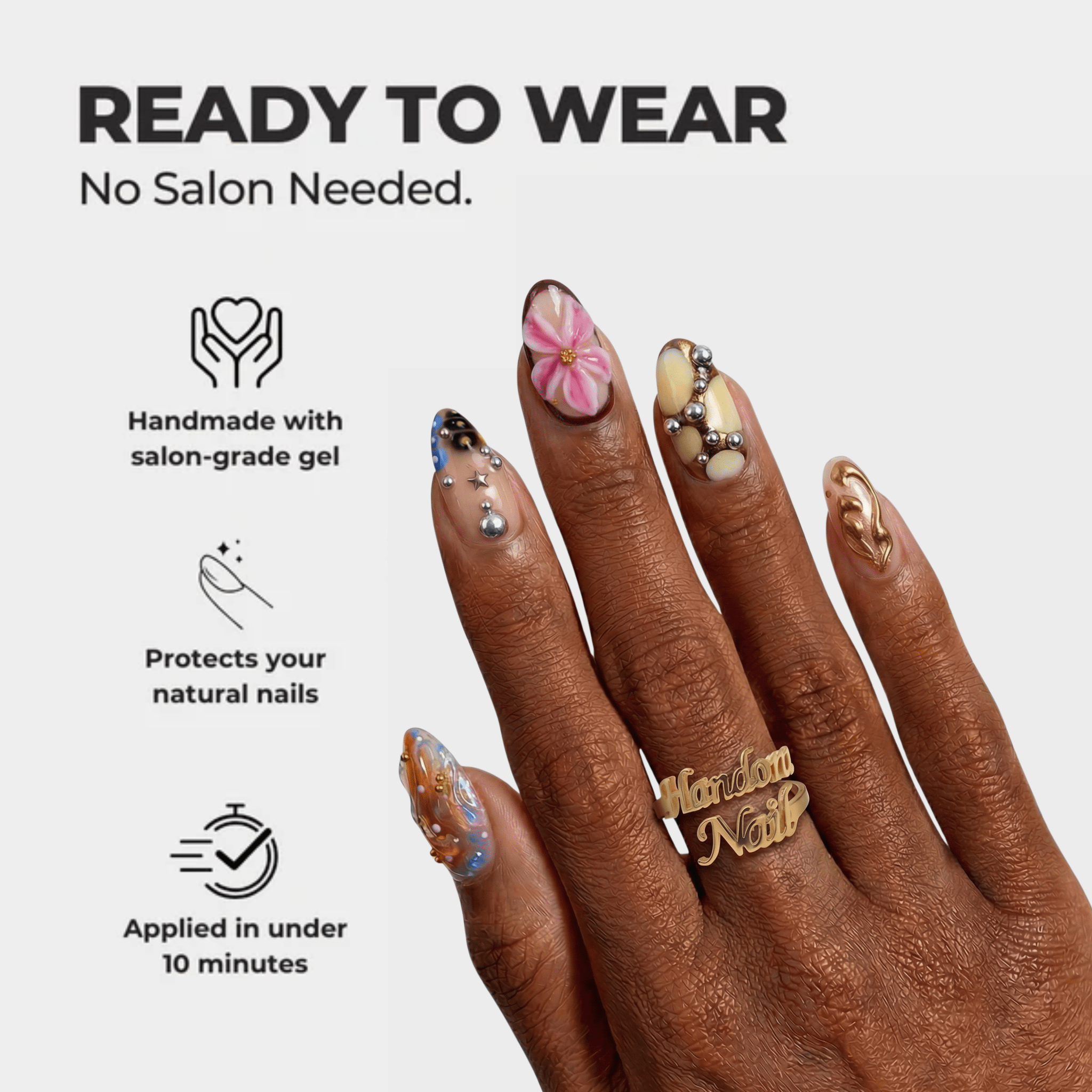Glam Bloom press-on nails – hand-painted reusable gel set by Handora