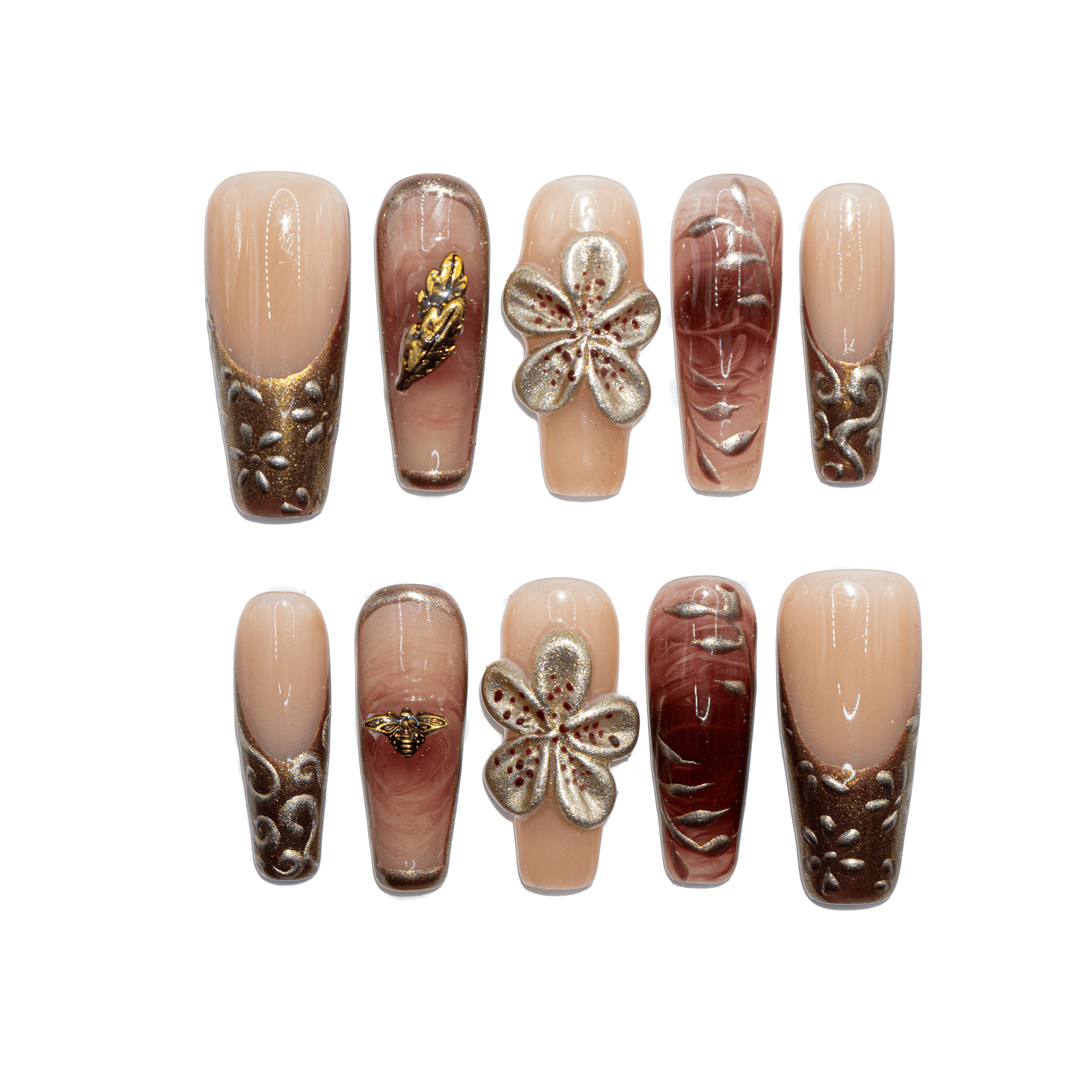 Golden Bloom gold floral press-on nails by Handora