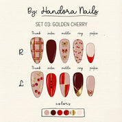 Golden Cherry press-on nails – design close-up by Handora