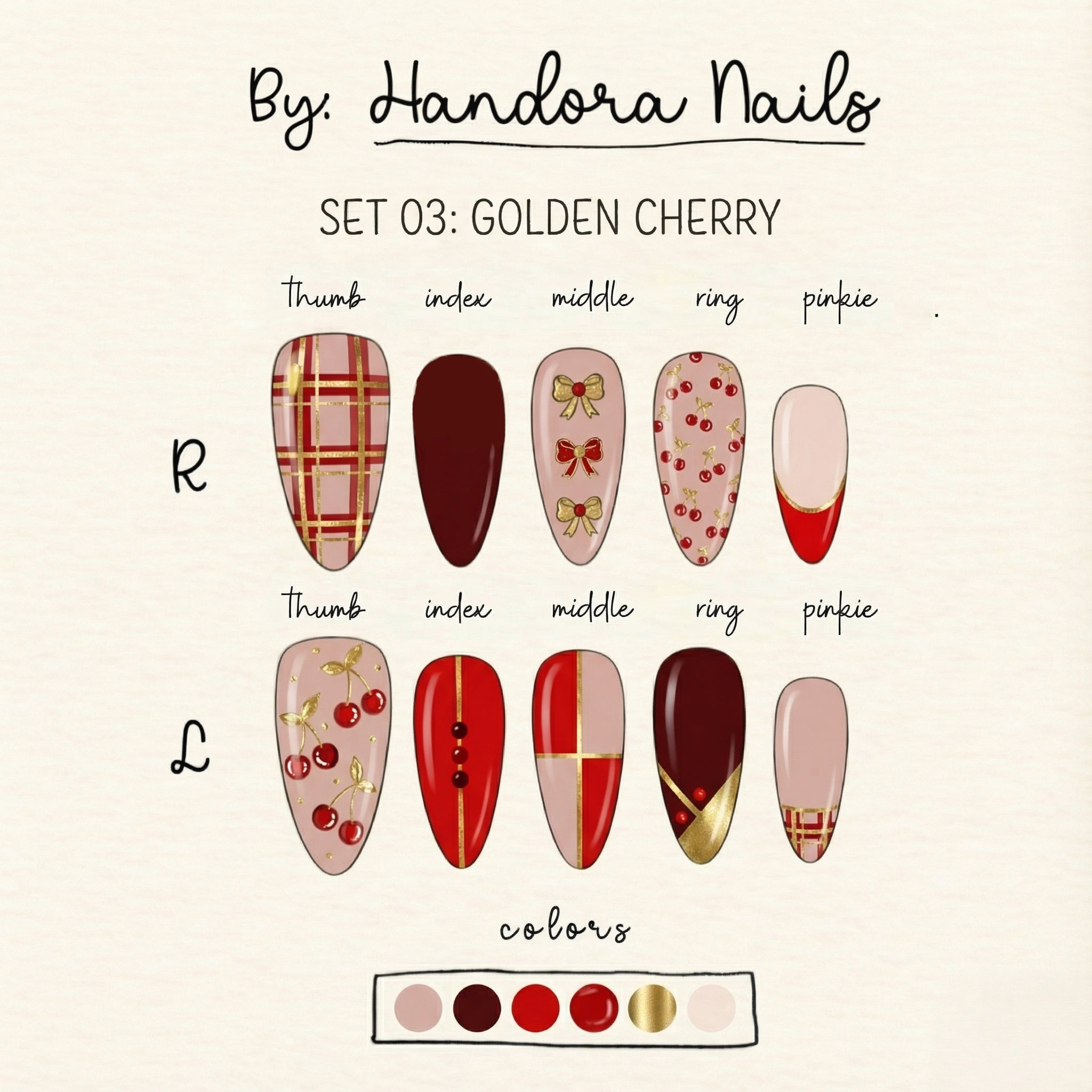 Golden Cherry press-on nails – design close-up by Handora