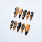 Golden Chrysanthemum almond press-on nails – design close-up by Handora