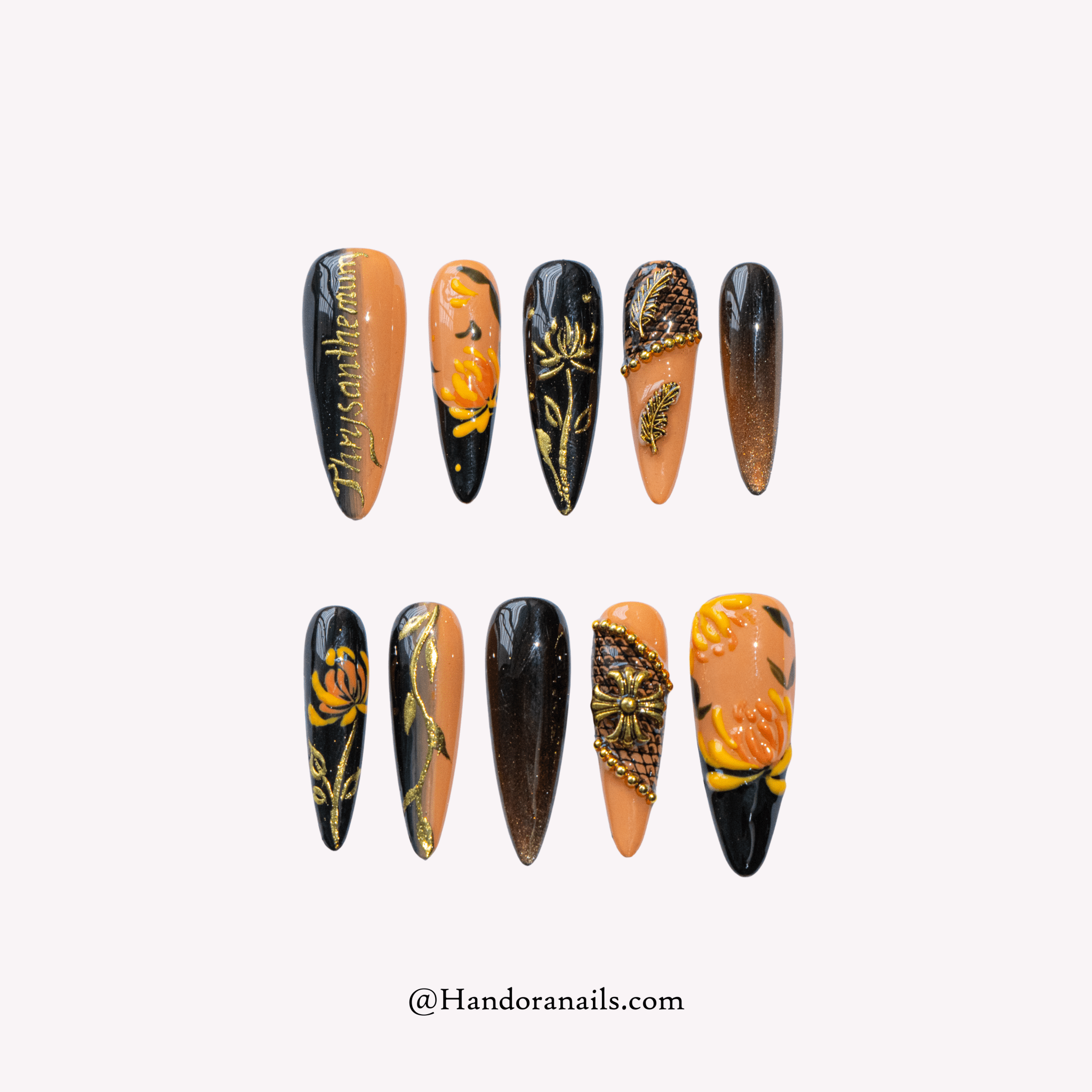 Golden Chrysanthemum gold almond 3d press-on nails by Handora