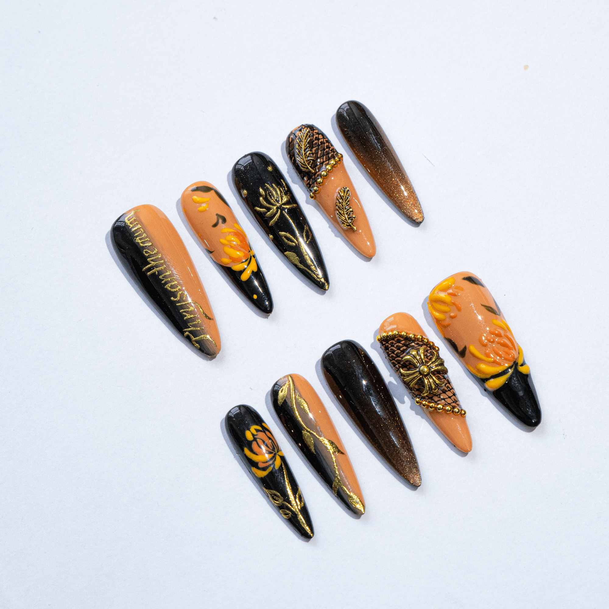 Golden Chrysanthemum 3d nail design – handmade press-on nails by Handora