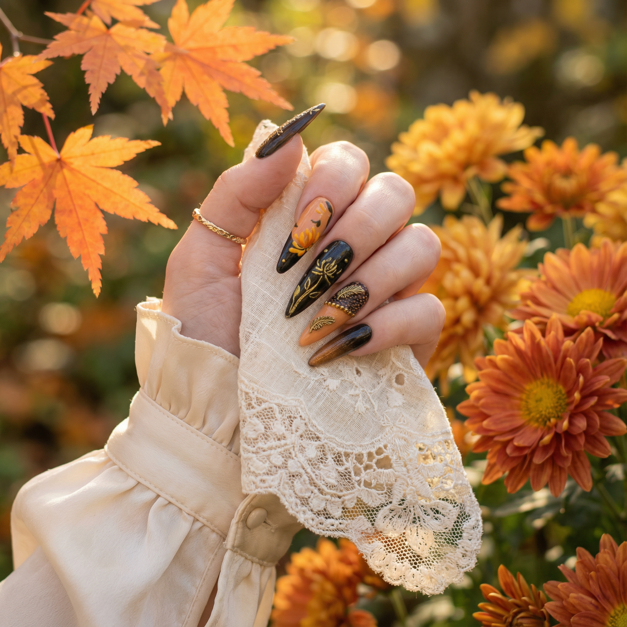 Golden Chrysanthemum press-on nails – hand-painted reusable gel set by Handora