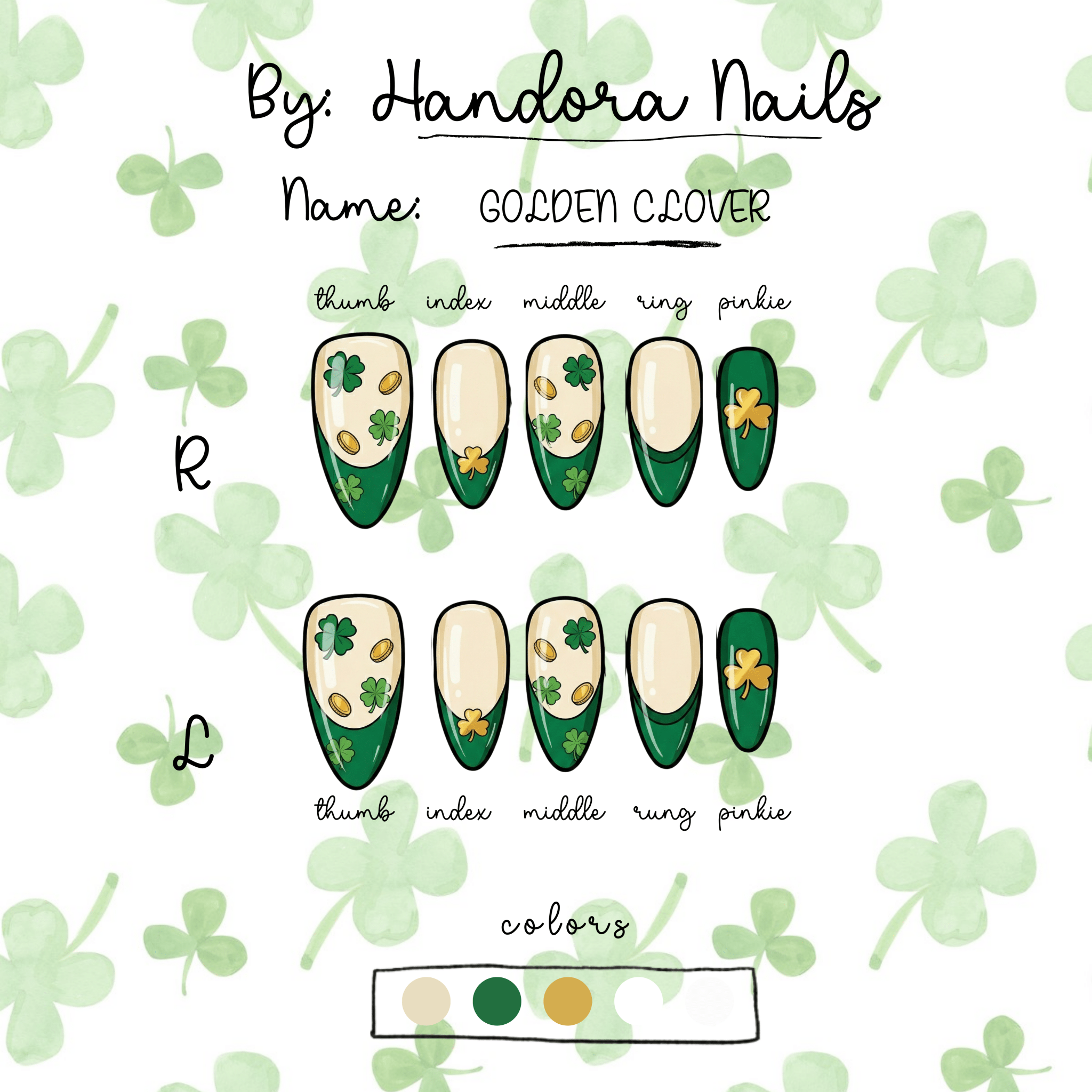 Golden Clover french tip nail design – handmade press-on nails by Handora