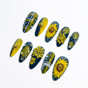 Golden Daffodil floral nail design – handmade press-on nails by Handora