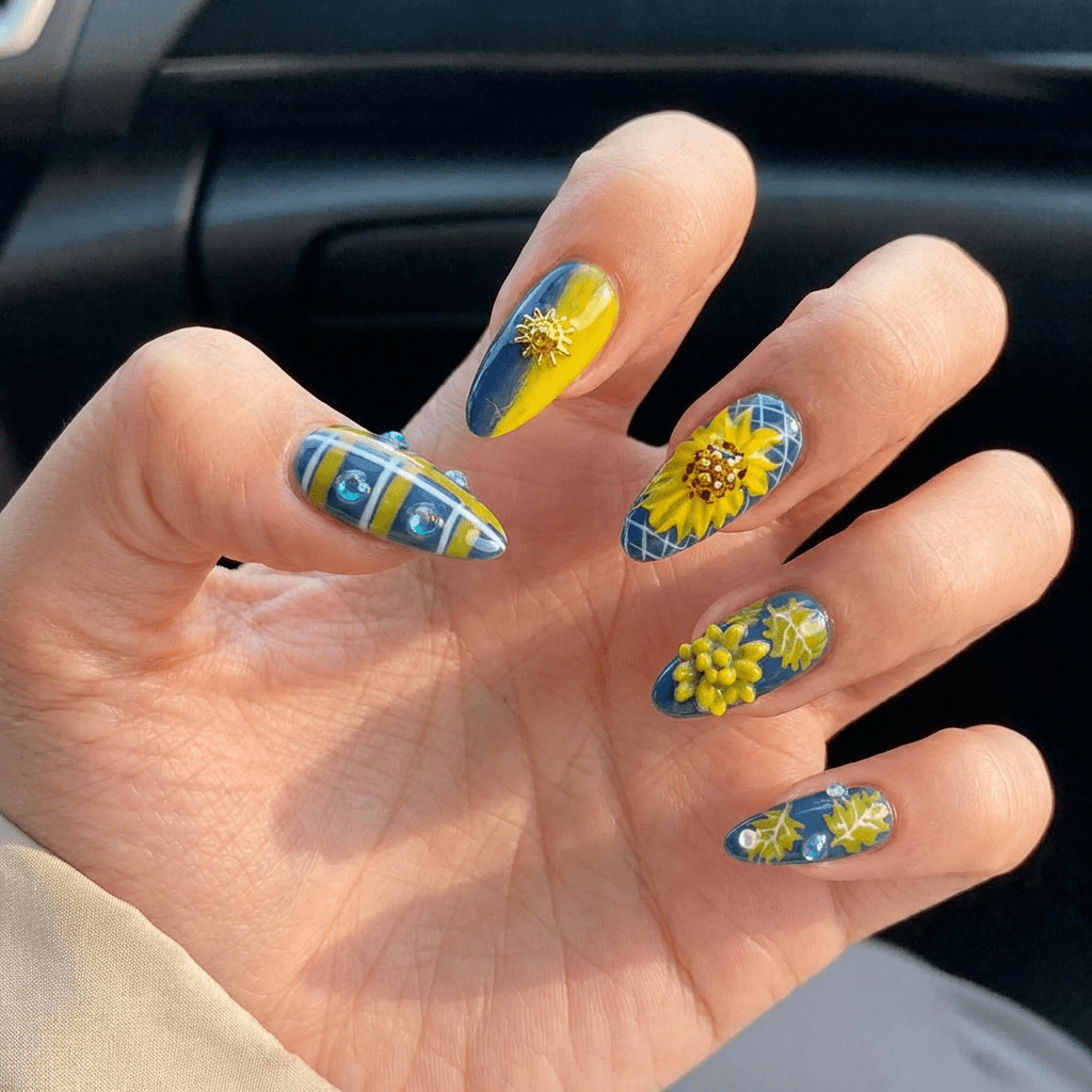 Golden Daffodil press-on nails – design close-up by Handora