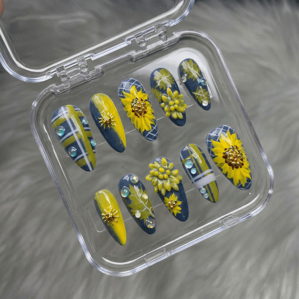 Golden Daffodil press-on nails – hand-painted reusable gel set by Handora