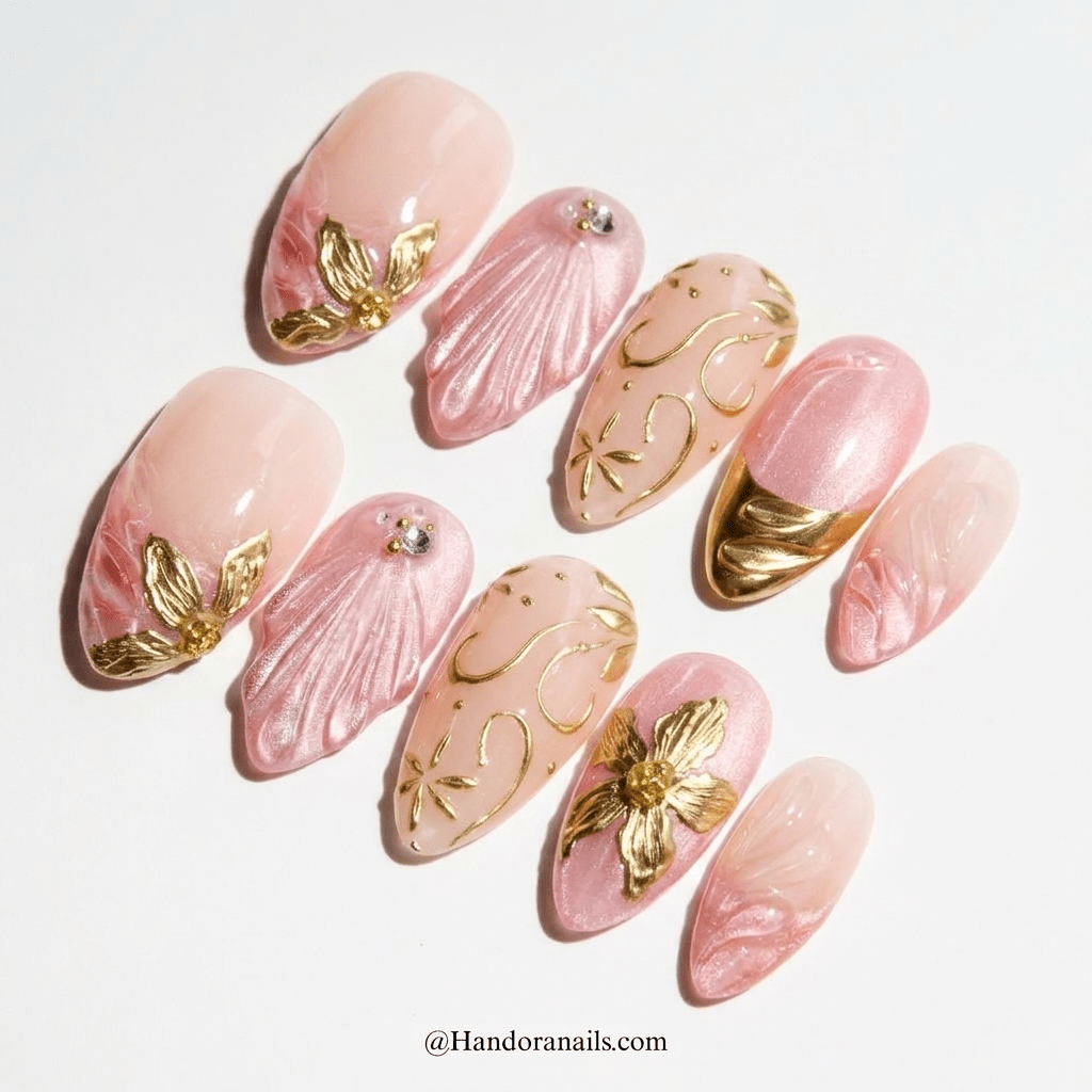 Golden Floral press-on nails worn on hand – almond shape by Handora