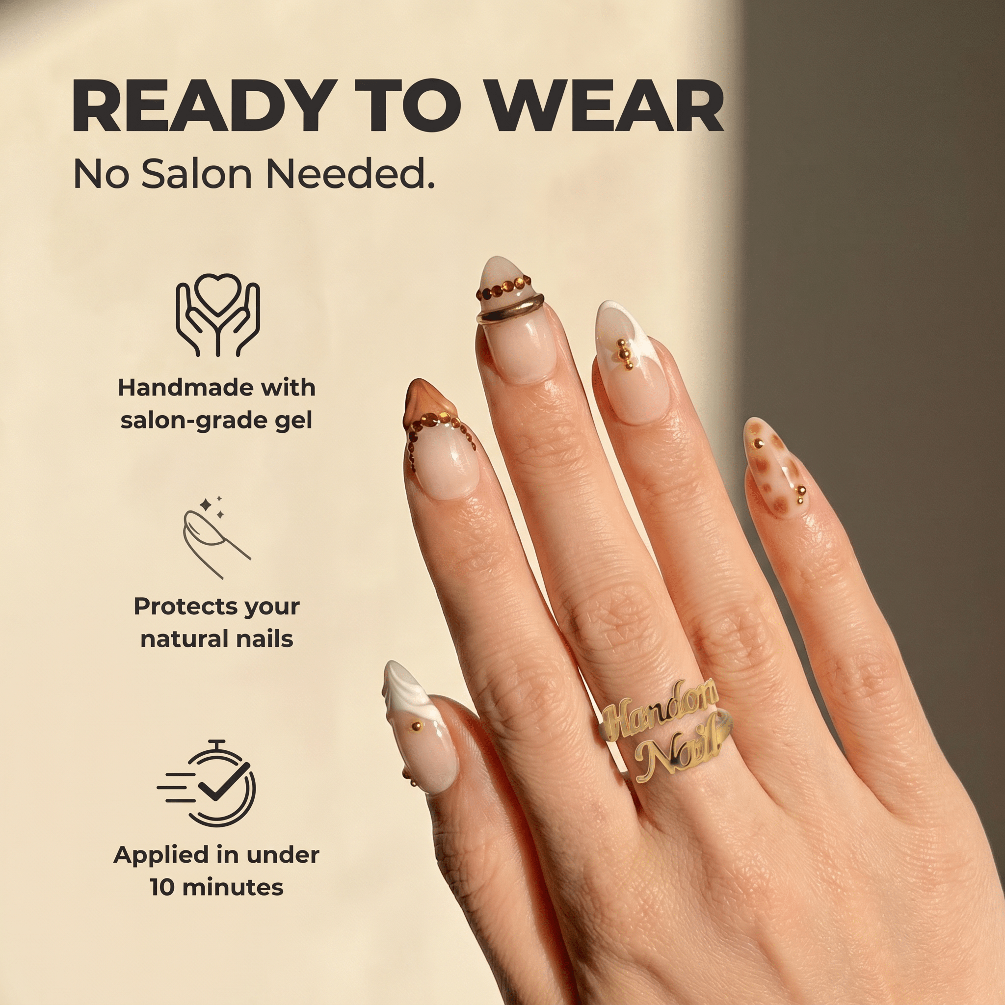 Golden Leopard press-on nails – design close-up by Handora