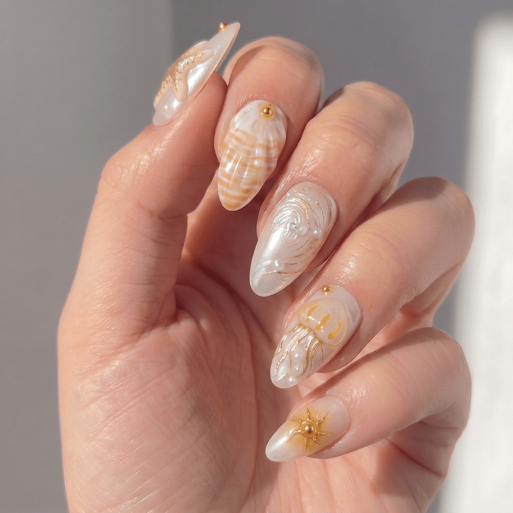 Golden Marine press-on nails – design close-up by Handora