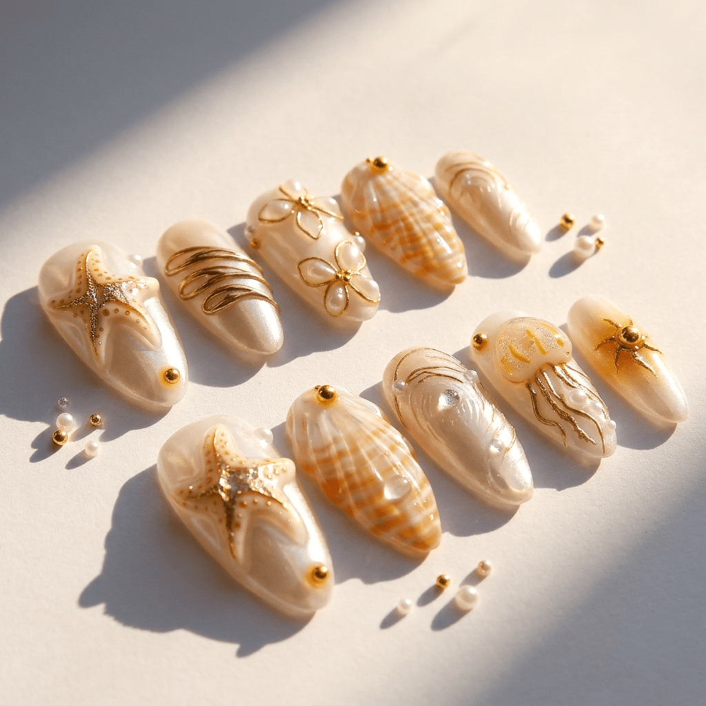 Golden Marine full press-on nail set – sizes XS–L by Handora