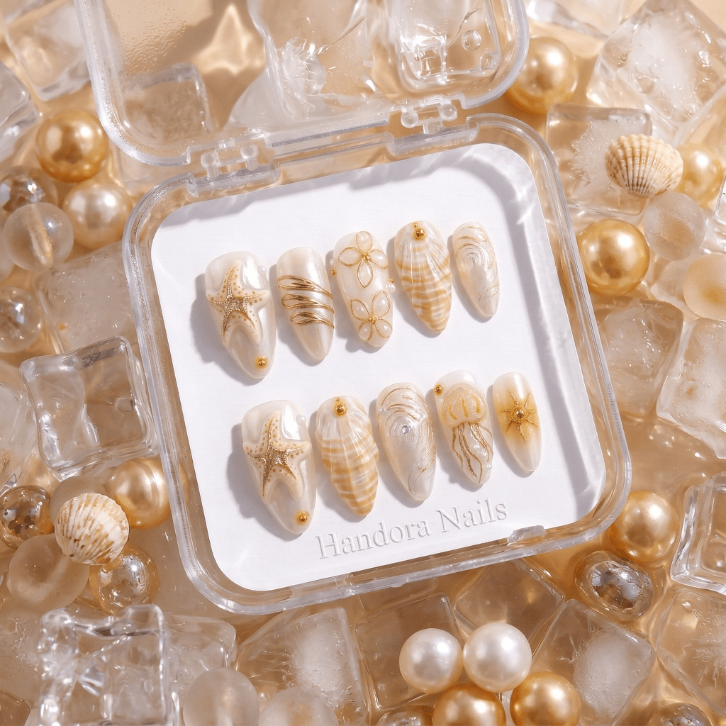 Golden Marine press-on nails – hand-painted reusable gel set by Handora