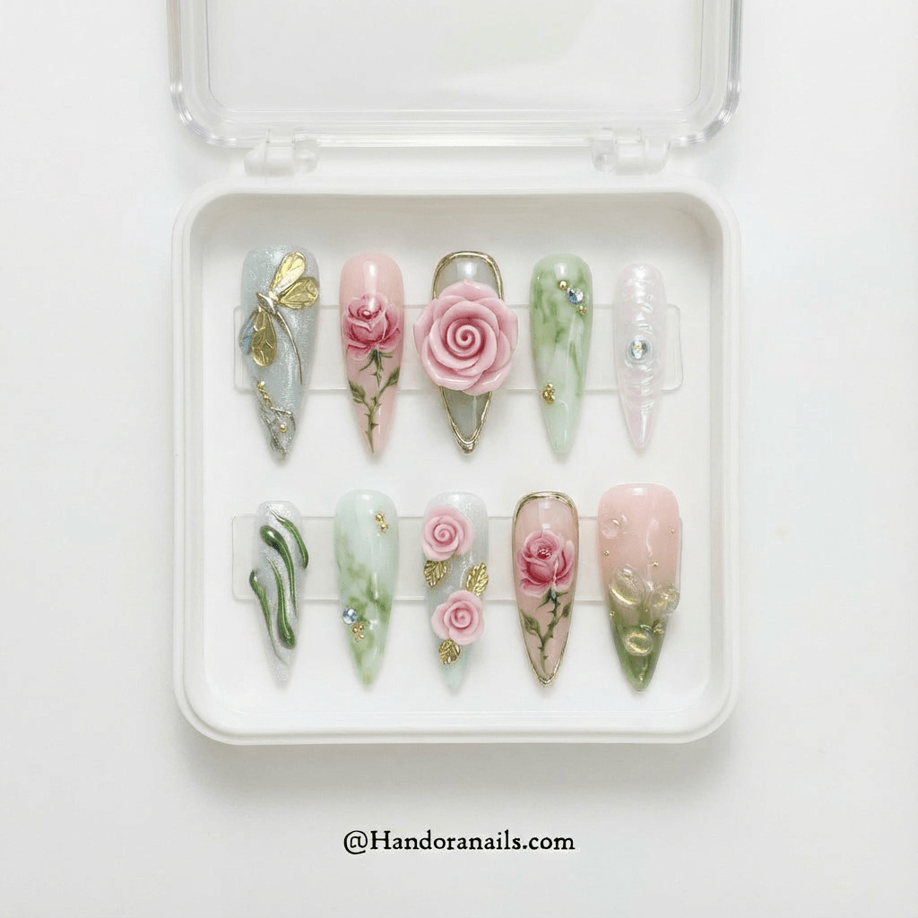 Golden Meadow stiletto press-on nails – design close-up by Handora