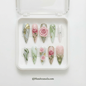 Golden Meadow stiletto press-on nails – design close-up by Handora