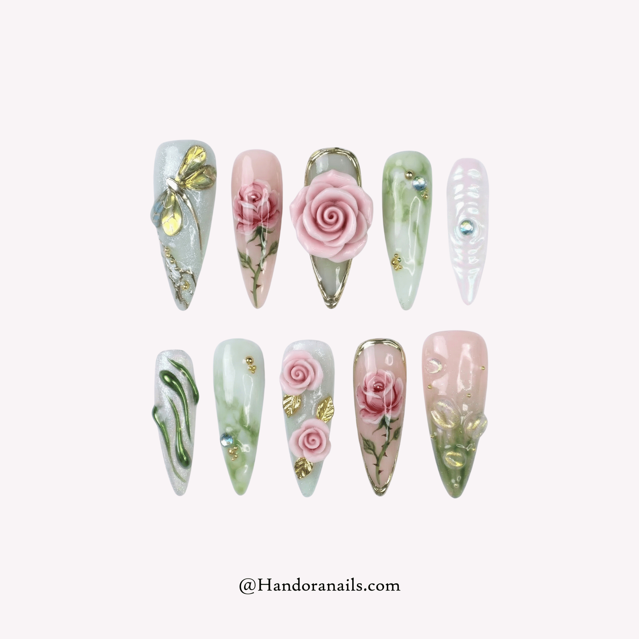 Golden Meadow gold stiletto floral press-on nails by Handora