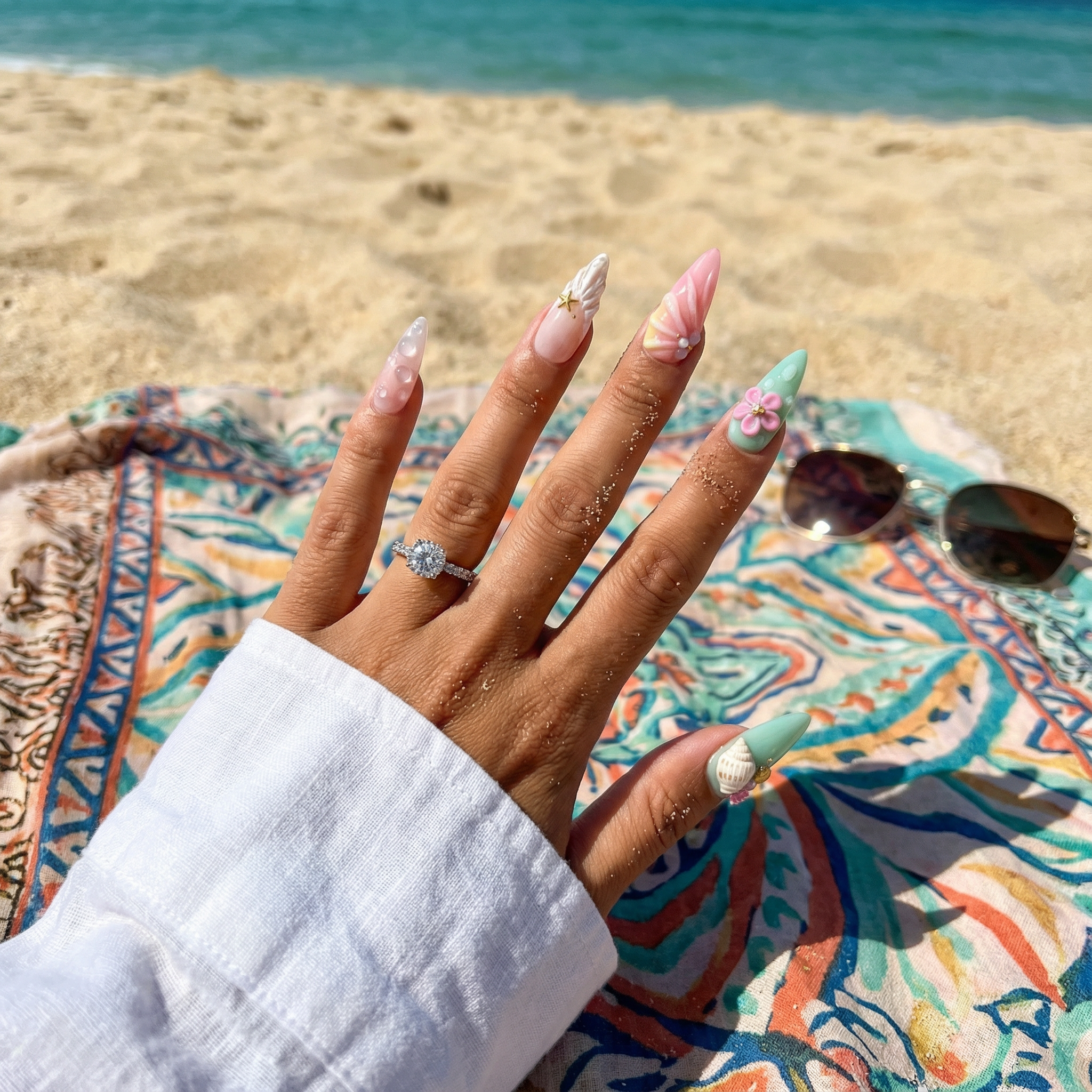 Golden Mermaid press-on nails – hand-painted reusable gel set by Handora