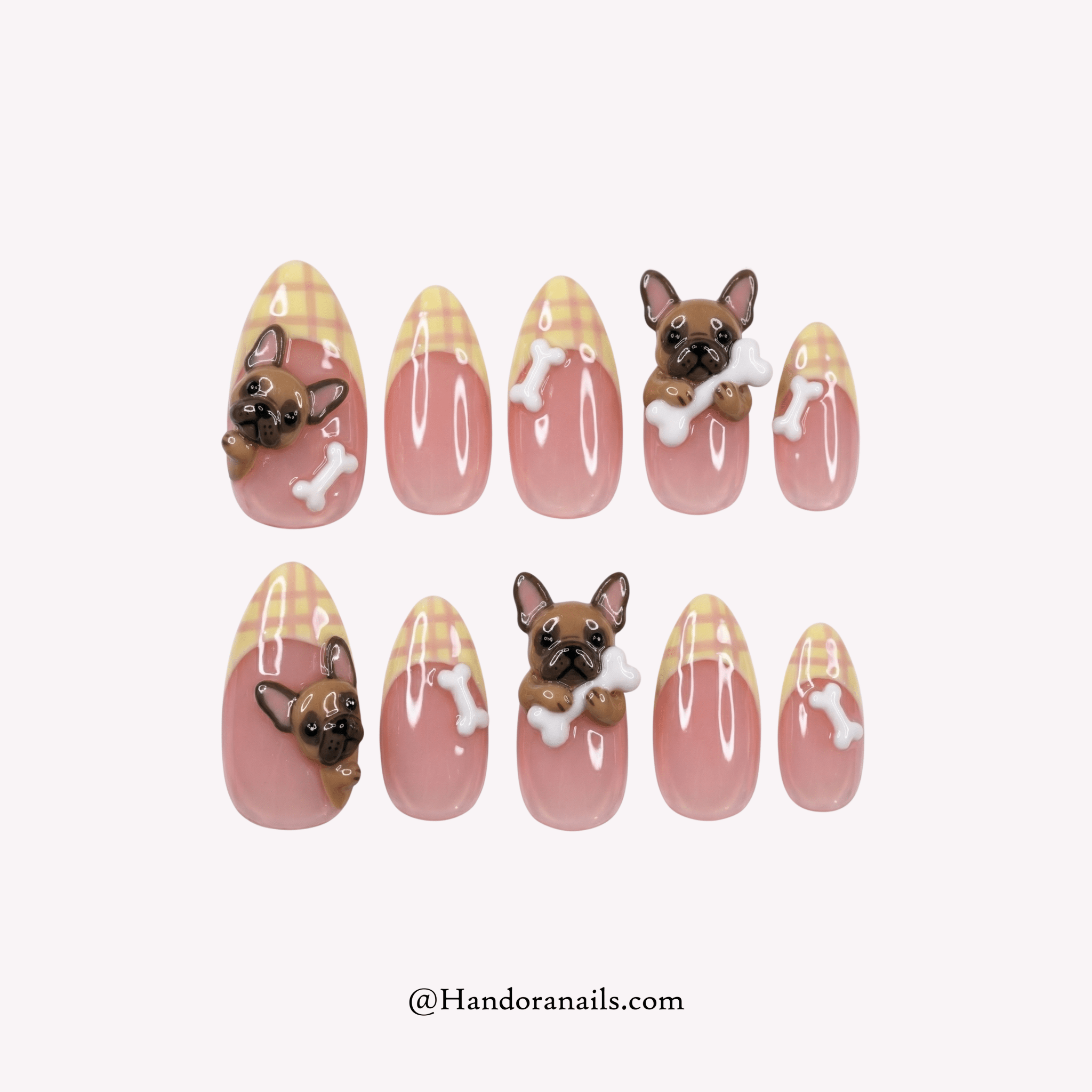 Golden Plaid press-on nails – hand-painted reusable gel set by Handora