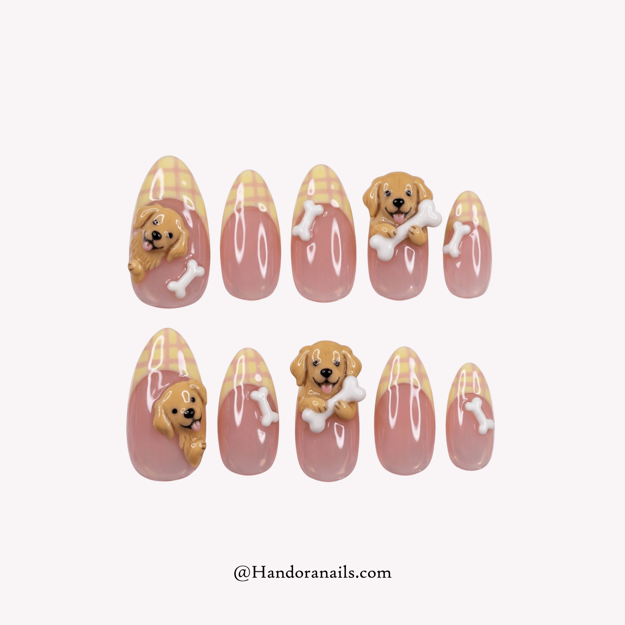 Golden Plaid gold almond french tip press-on nails by Handora