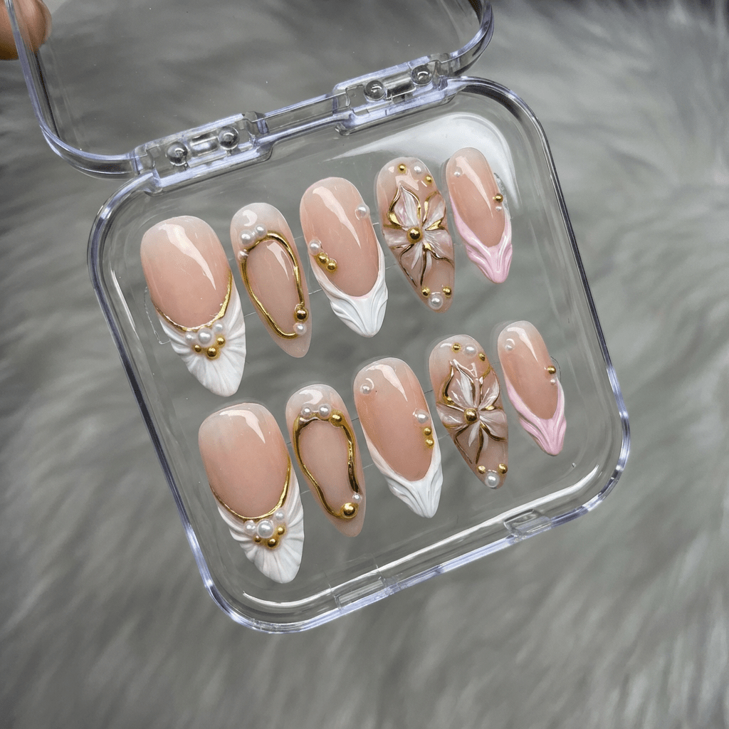 Golden Relief salon-quality handmade press-on nails by Handora