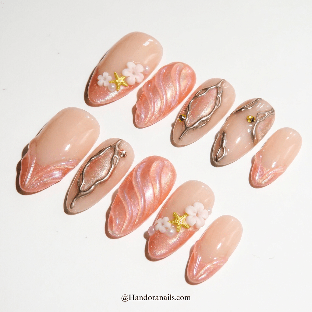 Golden Siren press-on nails worn on hand – almond shape by Handora