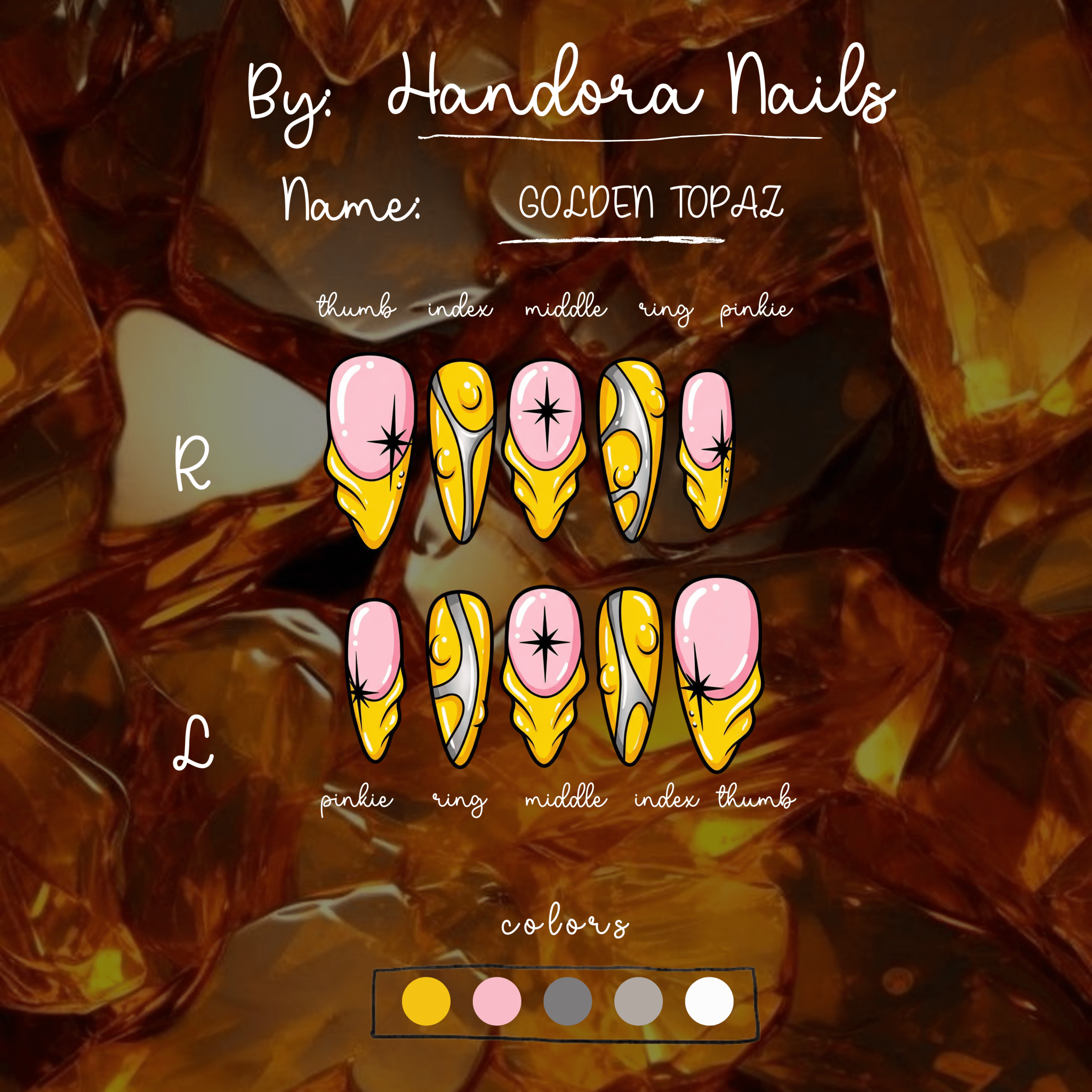 Golden Topaz press-on nails – design close-up by Handora