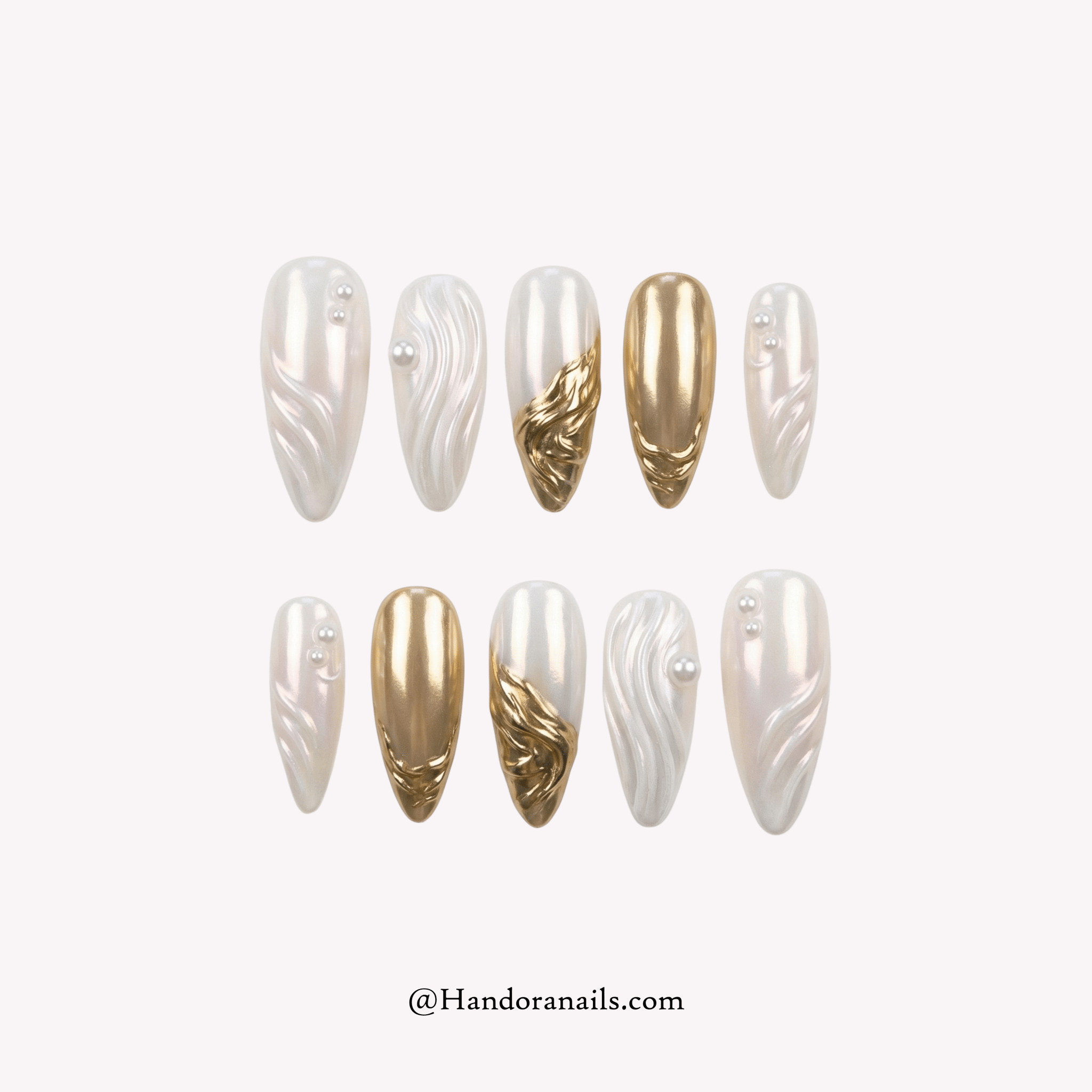 Golden Wave gold almond 3d press-on nails by Handora