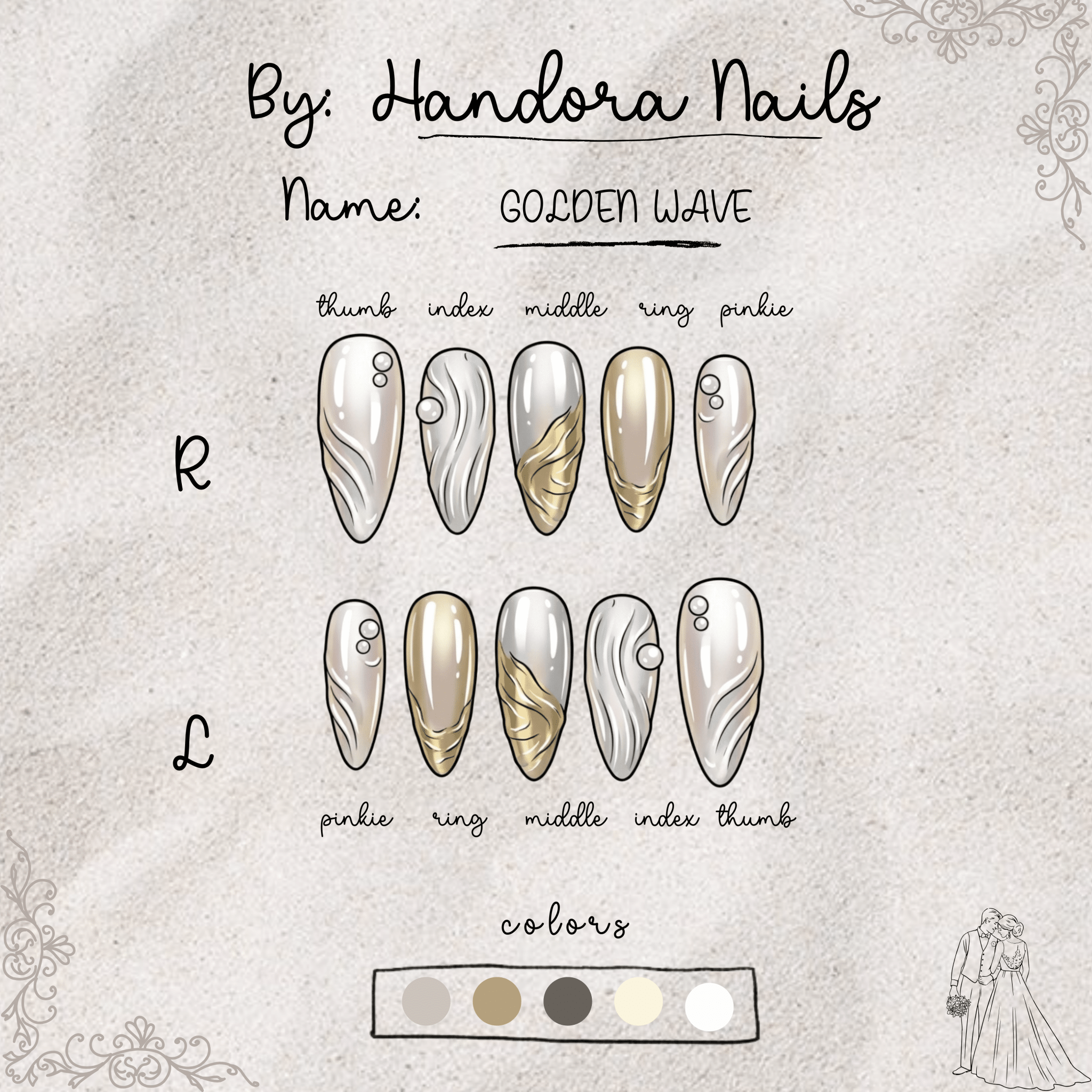 Golden Wave almond press-on nails – design close-up by Handora