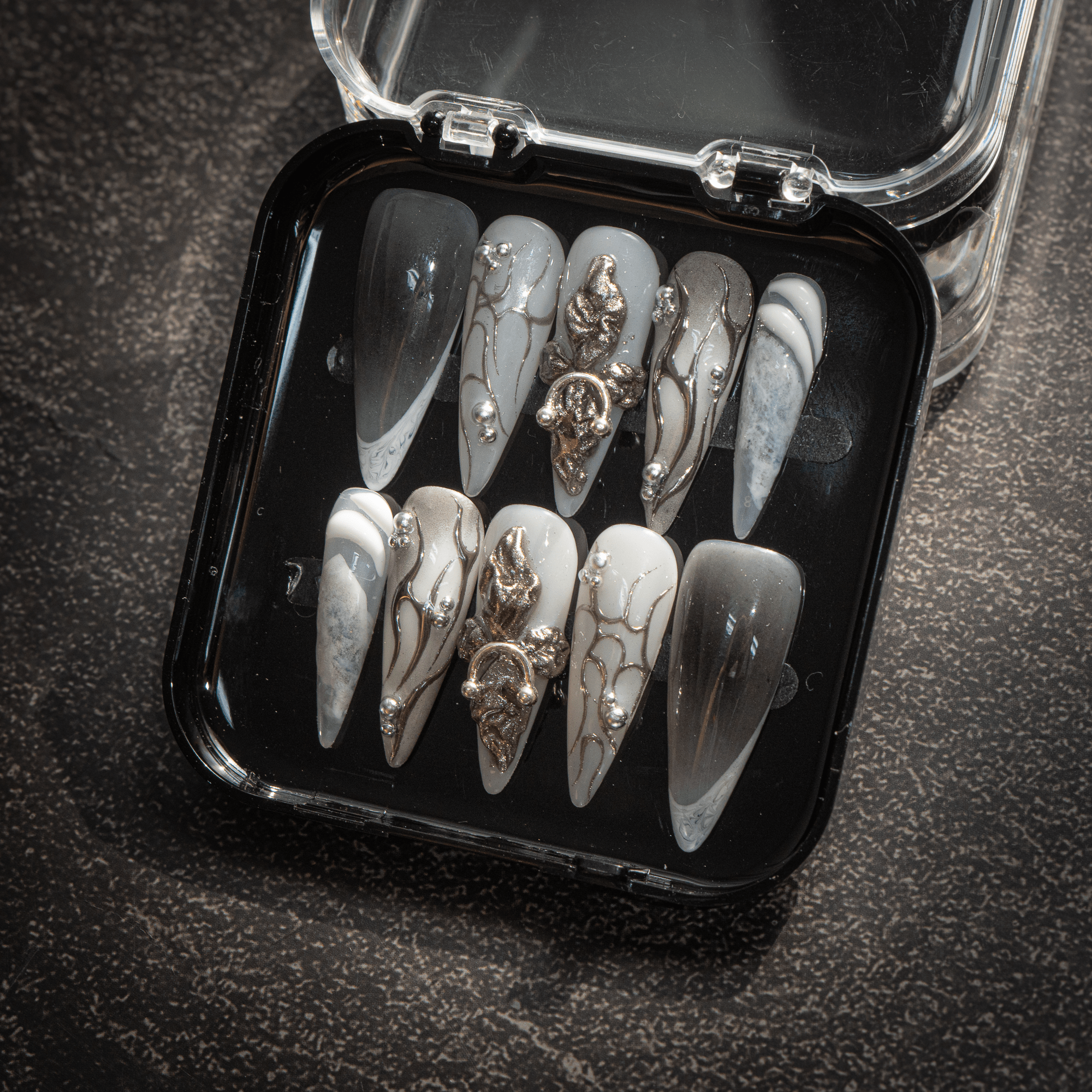 Gothic Chrome press-on nails – design close-up by Handora