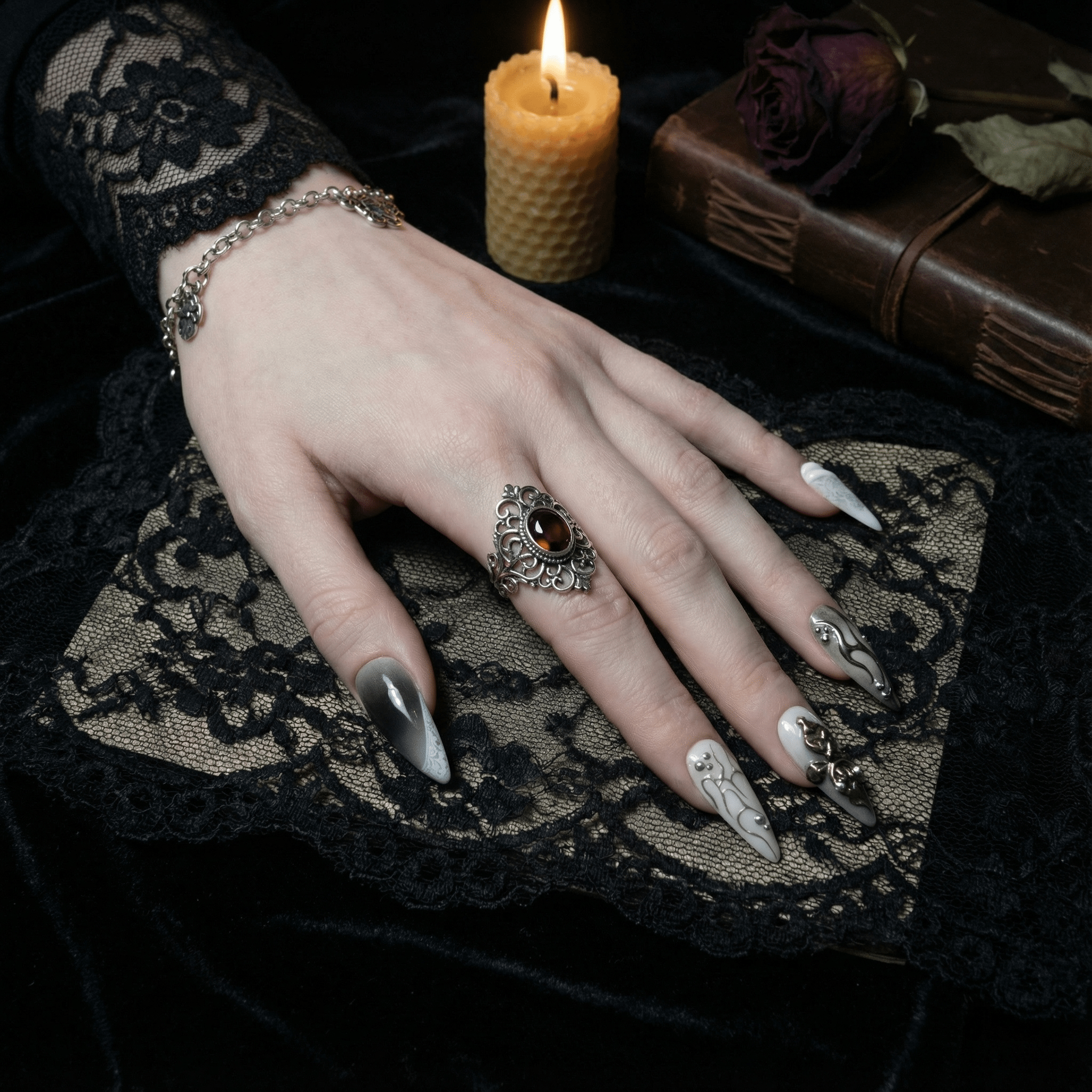 Gothic Chrome press-on nails – hand-painted reusable gel set by Handora