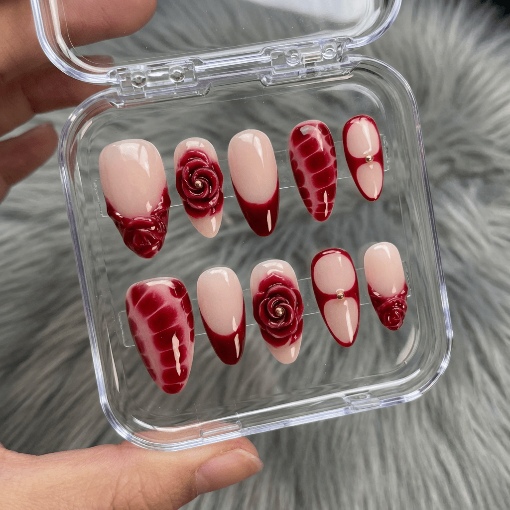 Gothic Rose press-on nails worn on hand – almond shape by Handora