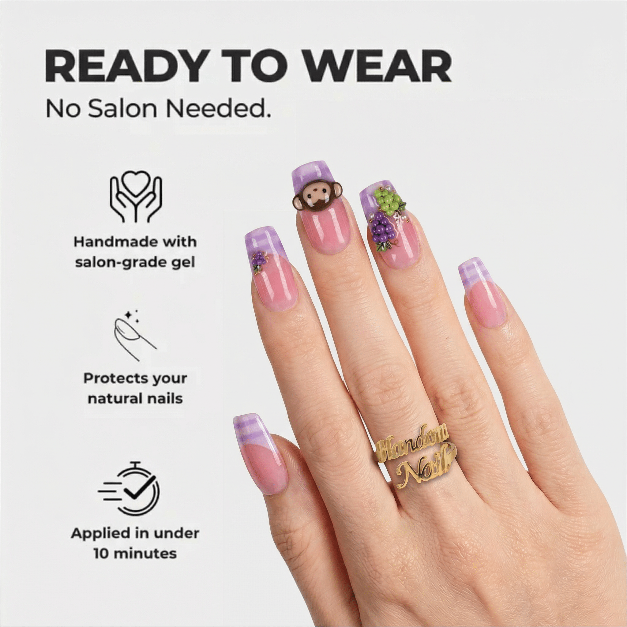 Grape Prank coffin press-on nails – design close-up by Handora