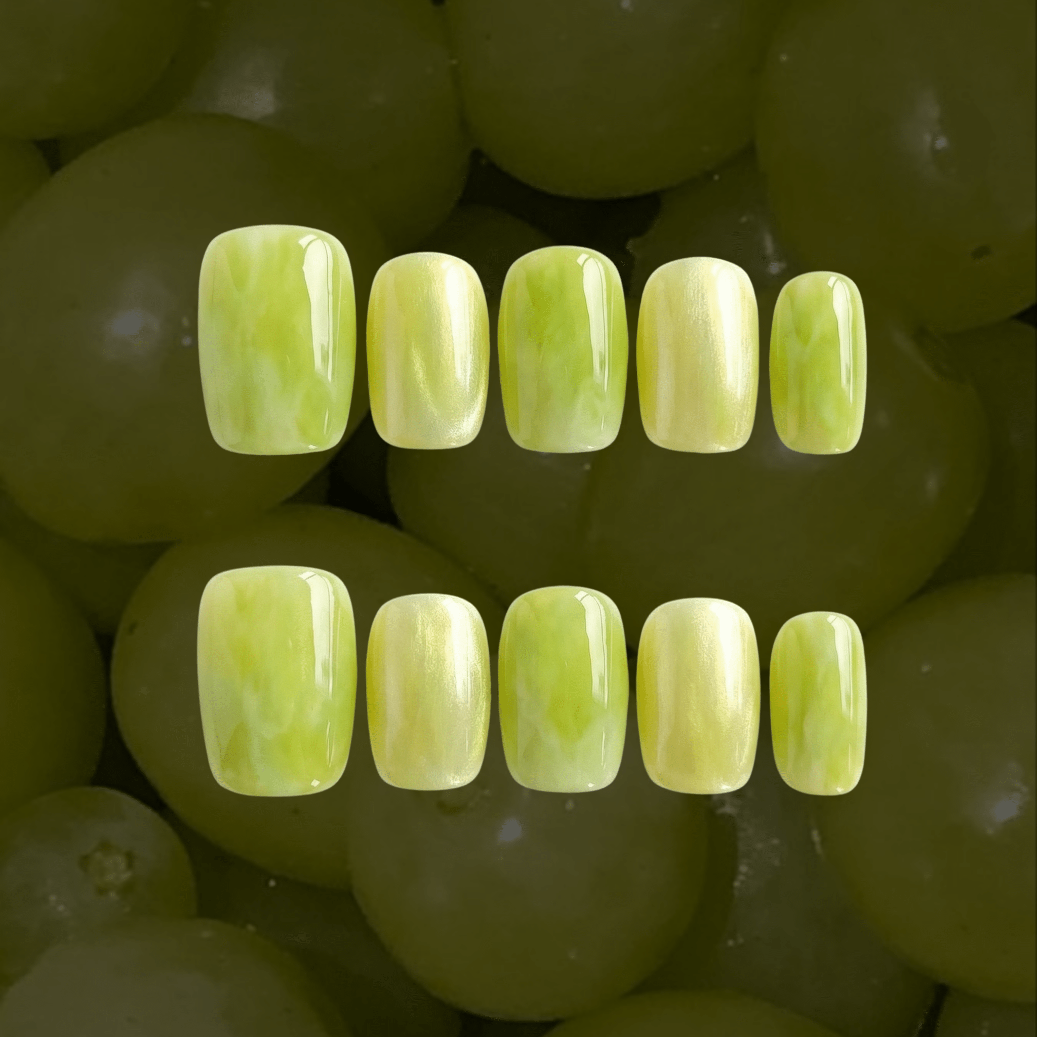 Green Grape press-on nails – hand-painted reusable gel set by Handora
