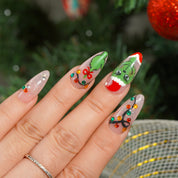 Green Lights almond press-on nails – design close-up by Handora