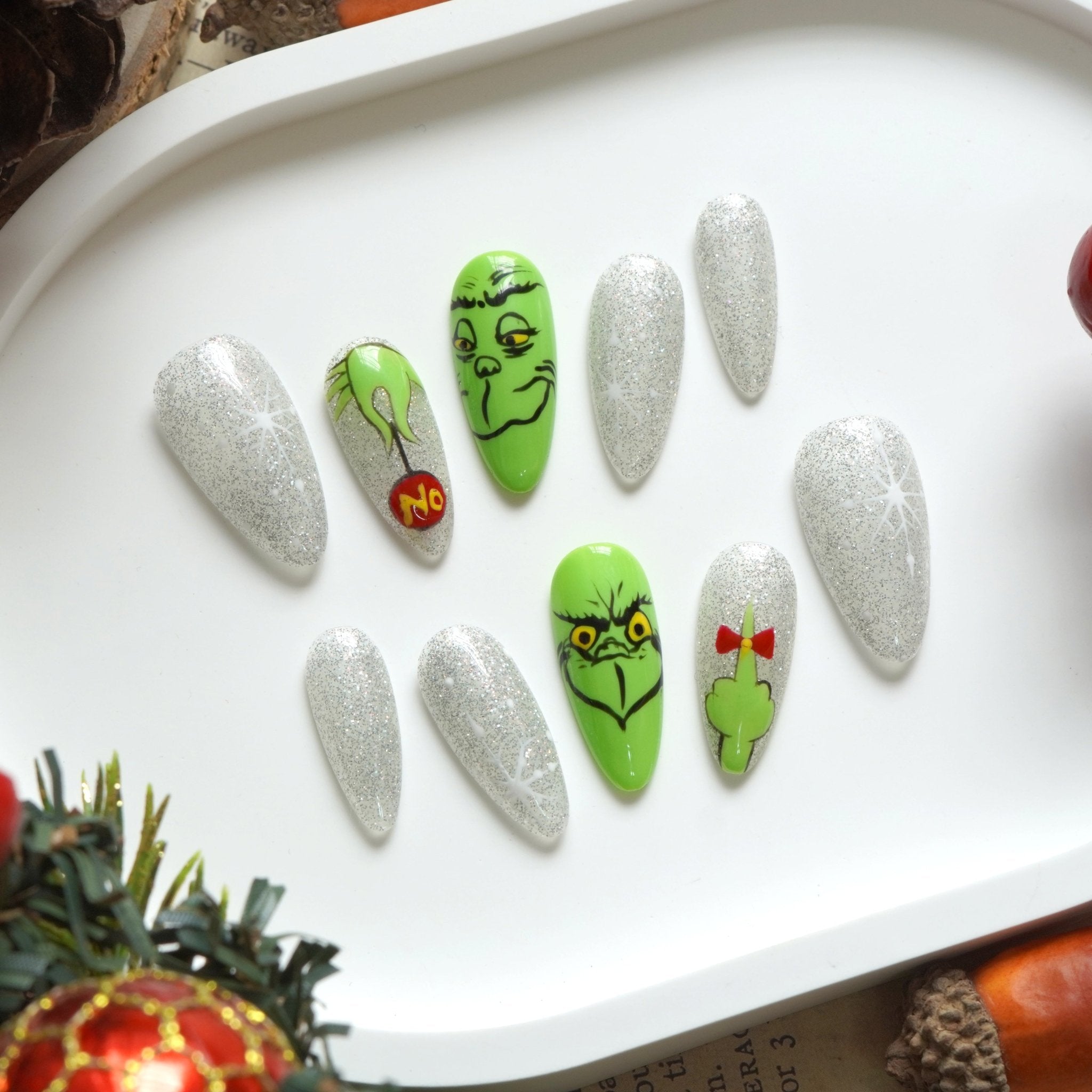 Green Sparkle green almond press-on nails by Handora