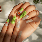 Green Sparkle nail design – handmade press-on nails by Handora